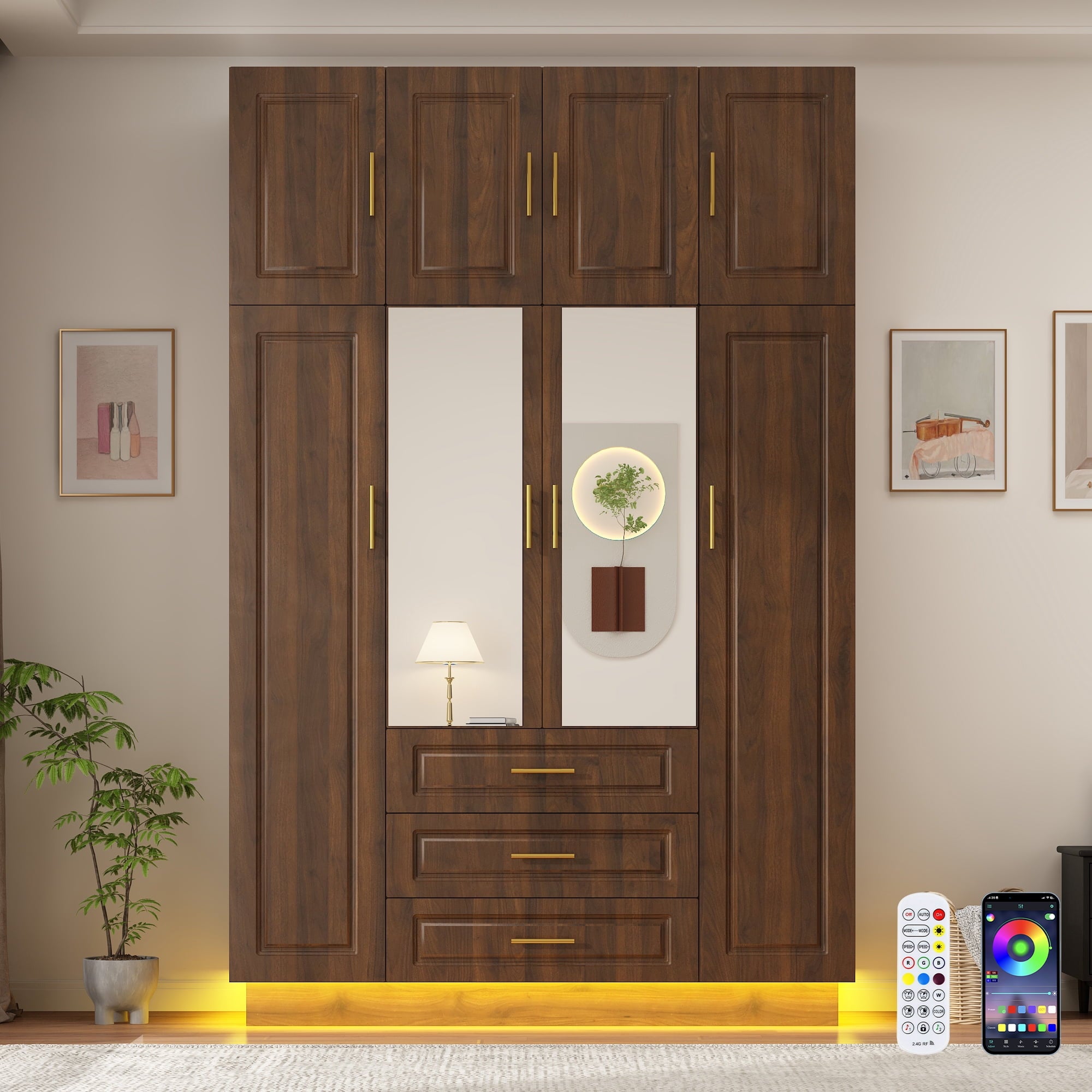 ChVans 3 Door Armoire Wardrobe Closet with Top Cabinet and Mirror, 94.5'' LED Wardrobe Armoire with 3 Drawers, Hanging Rod & Multi-Layer Shelves for Bedroom, Black