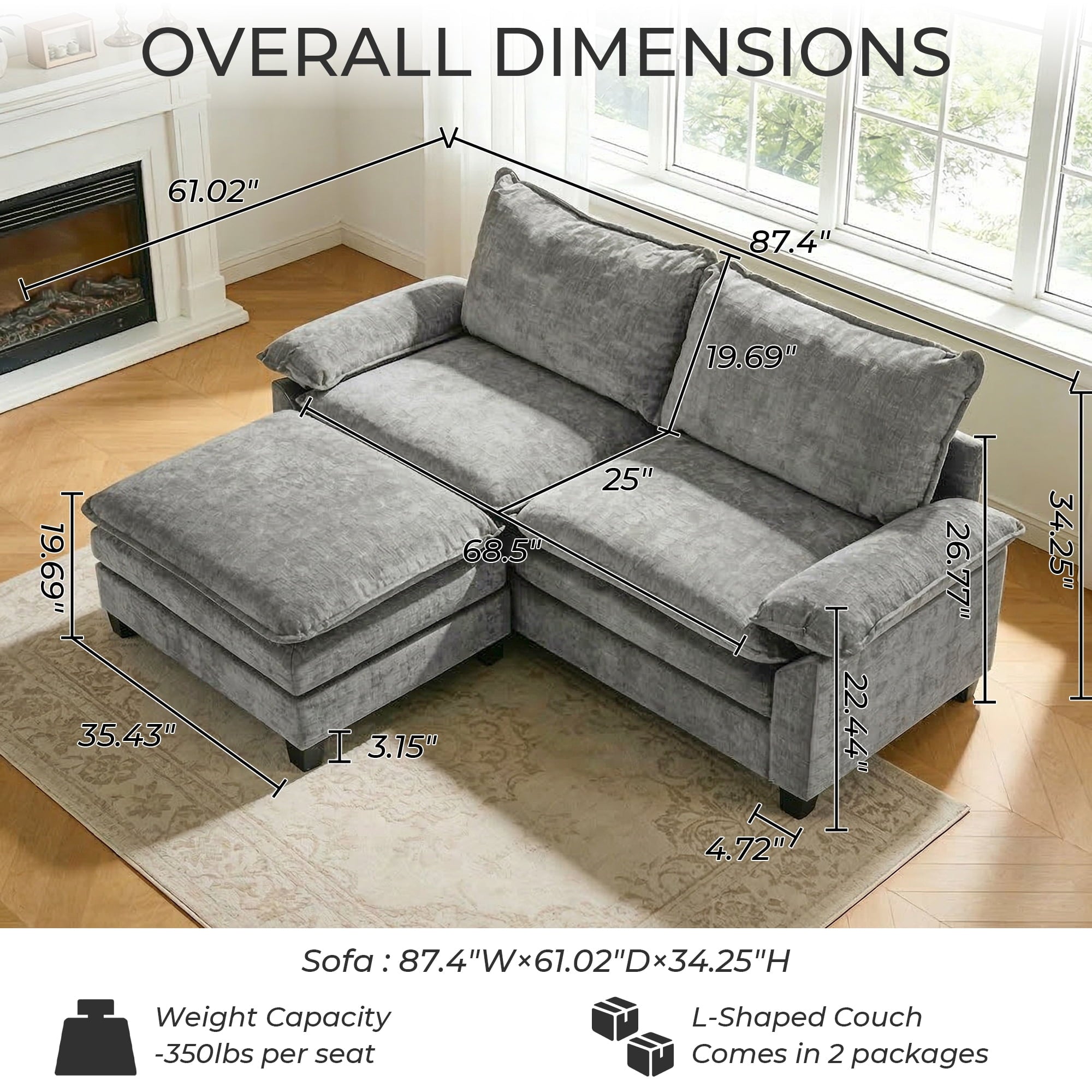 Ktaxon Sectional Sofa L Shaped Couch with Chaise Living Room Sleeper Set, 2 Seats with Chenille and Double Layer Cushions 86 W Beige