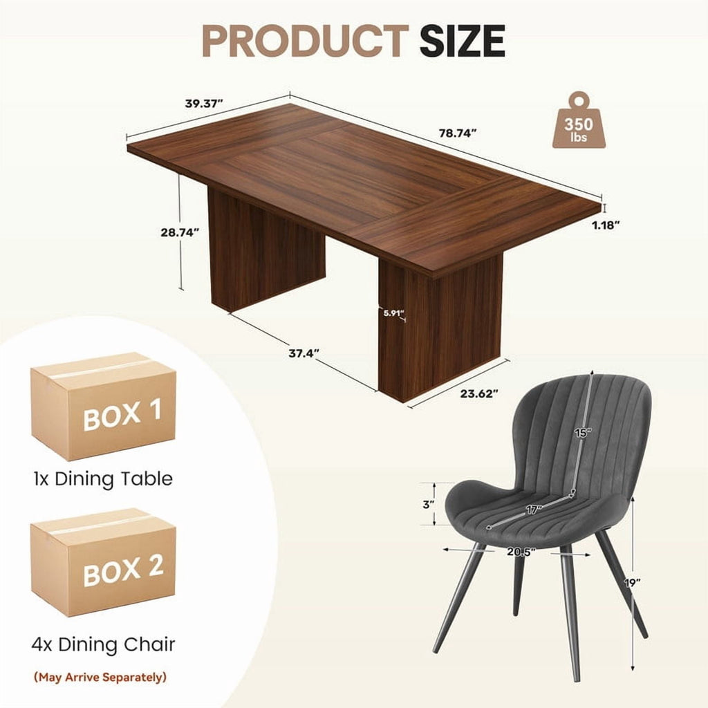 Hawsaiy Dining Table Set for 4, 78 Farmhouse Dining Table with 4 Upholstered Dining Chairs, Large Kitchen Table Set with Modern Shell Back Chairs & Metal Legs for Dining Room(Walnut + Black)