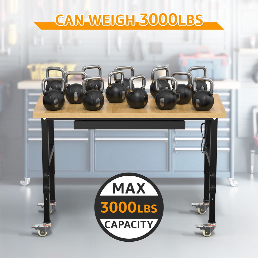 60 Adjustable Workbench,Heavy-Duty Work Table,3000 LBS Load Capacity Hardwood Workstation Outlets with Power strips and Wheels,for Workshop, Garage