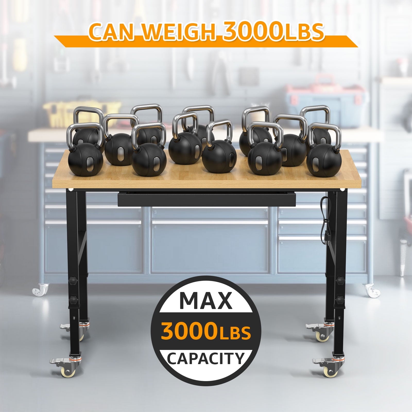 60 Adjustable Workbench,Heavy-Duty Work Table,3000 LBS Load Capacity Hardwood Workstation Outlets with Power strips and Wheels,for Workshop, Garage