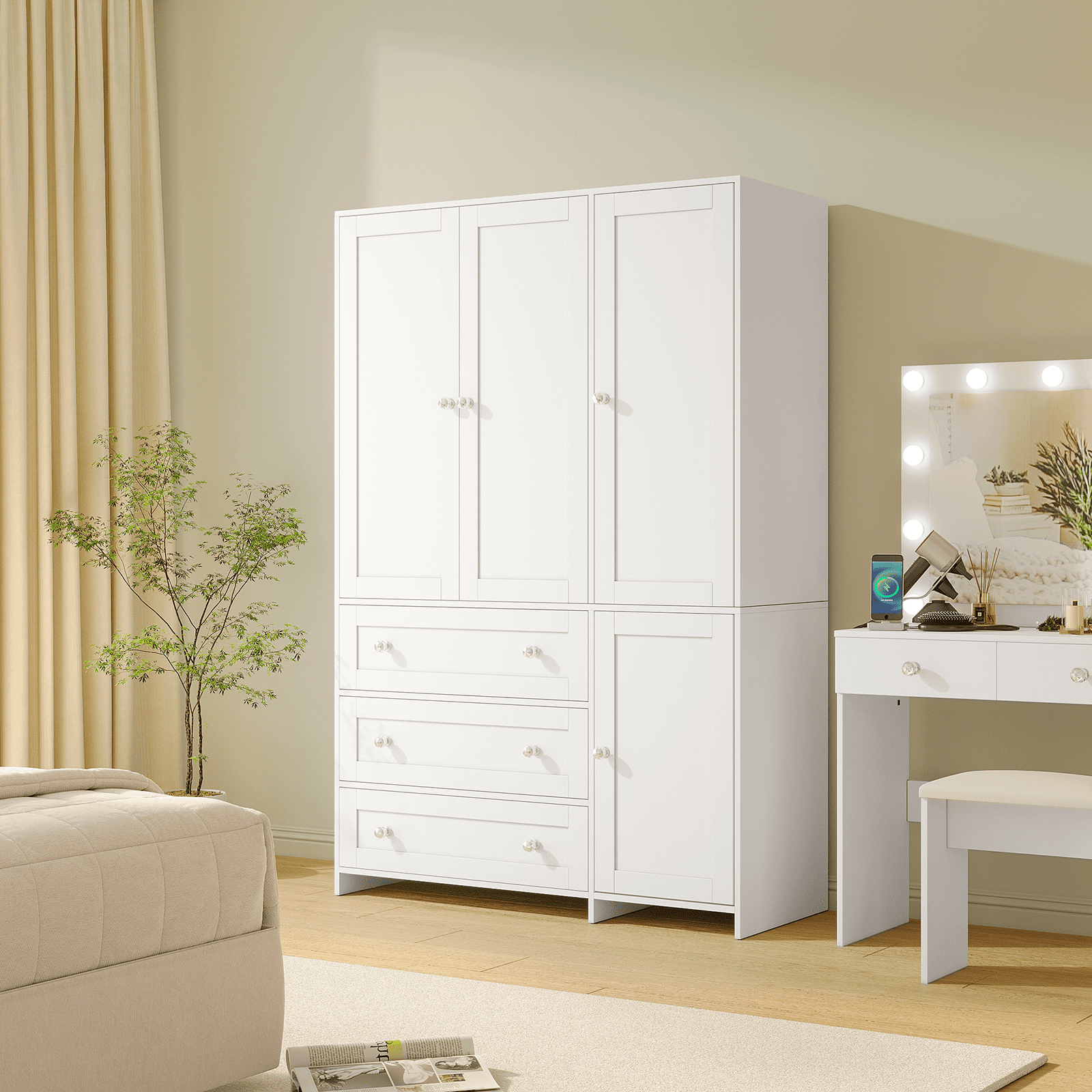 Richya Wardrobe Closet Armoire Storage Cabinet 3 Doors with Hanging Rod for Hanging Clothes Bedroom Large Capacity Tall Freestanding Armoire Organizer with Shelves particle board