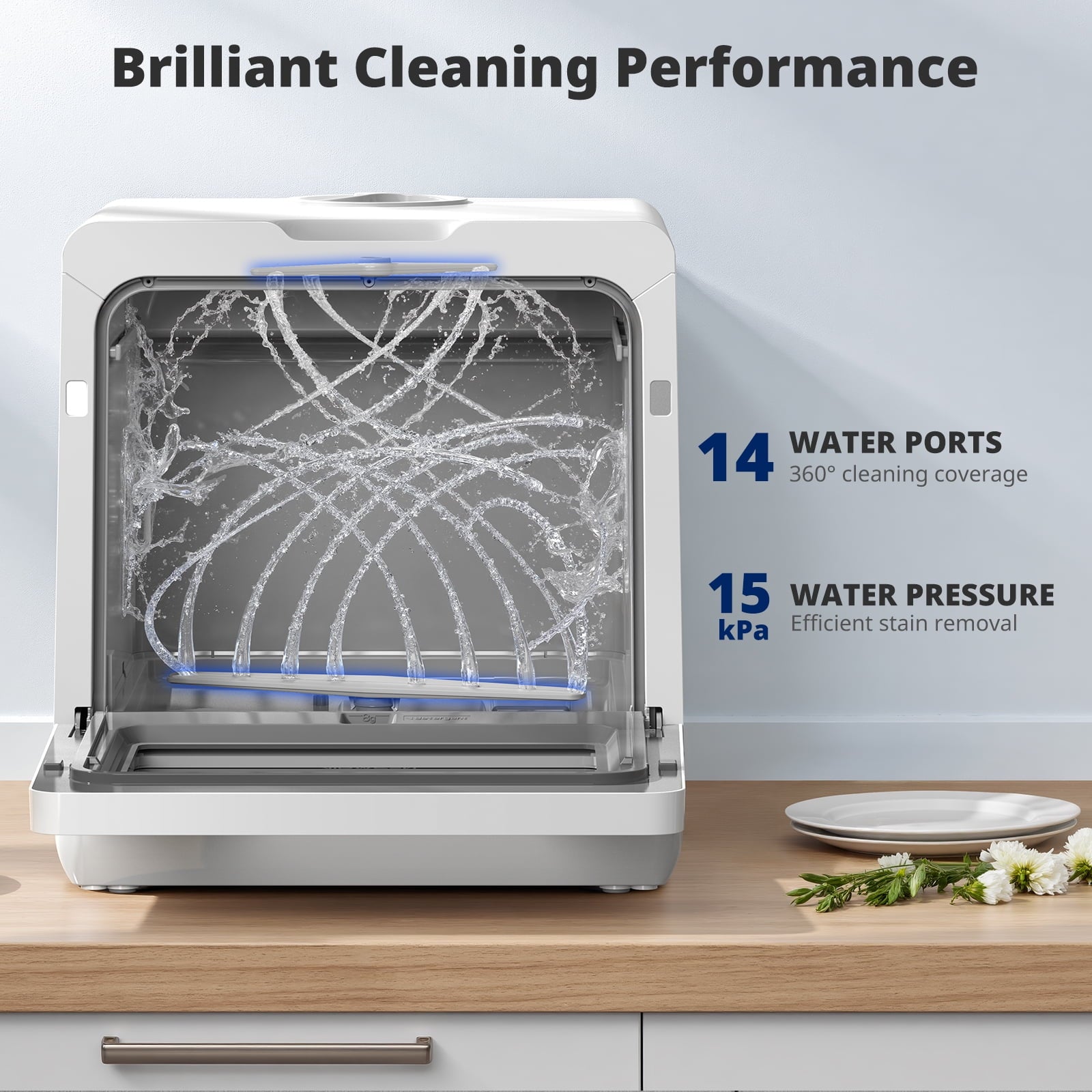 AIRMSEN Countertop Dishwasher with Salt Chamber, Portable Mini Dishwasher with 5L Built-in Water Tank, 18H Delay Start & ECO Mode, Ideal for Apartments & RVs, TDQR09