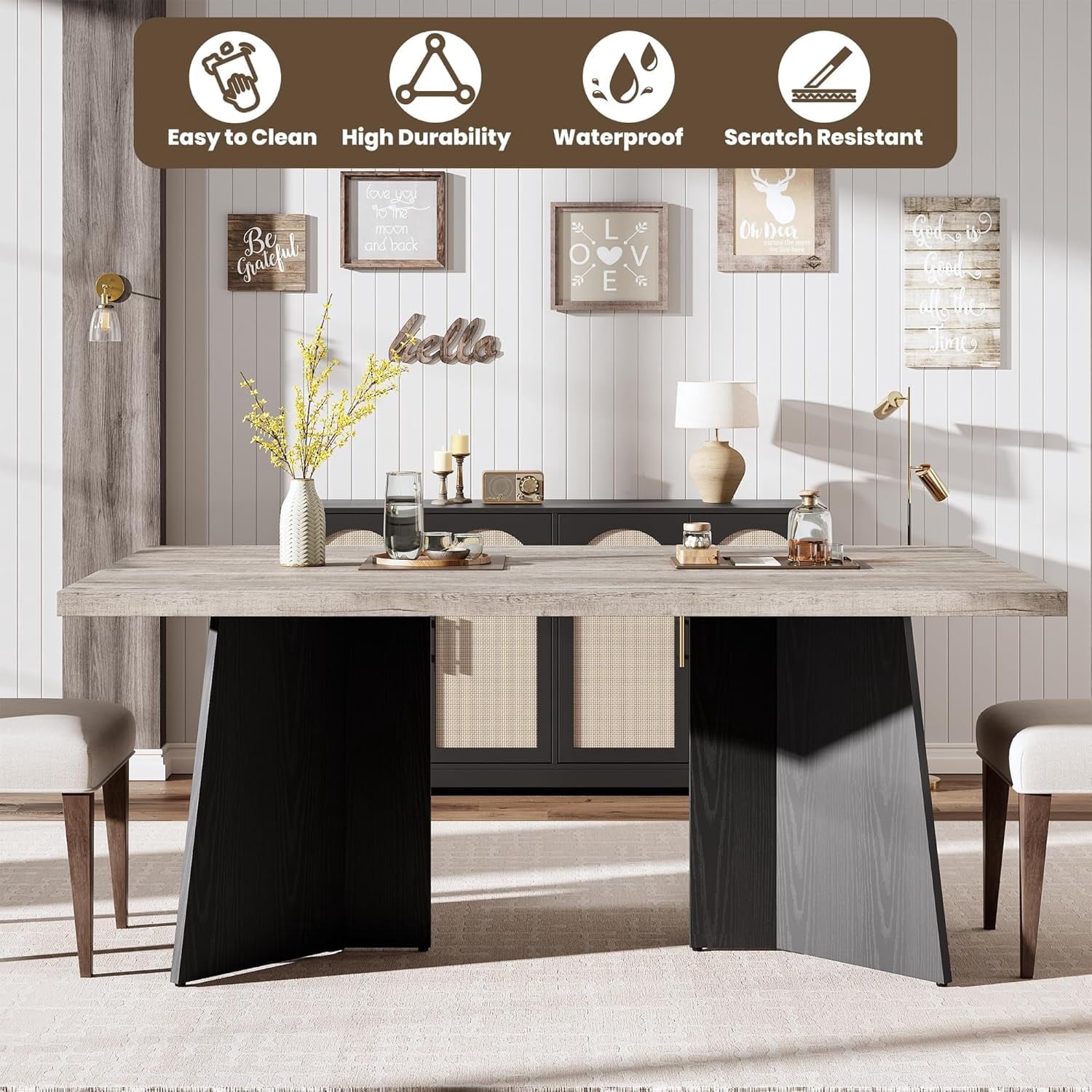 Dining Table for 6-8 People - 63 Modern Long Kitchen Table with Large Tabletop & Heavy Duty Pedestal Legs, Dinner Table for Kitchen, Conference Room, Home, Walnut