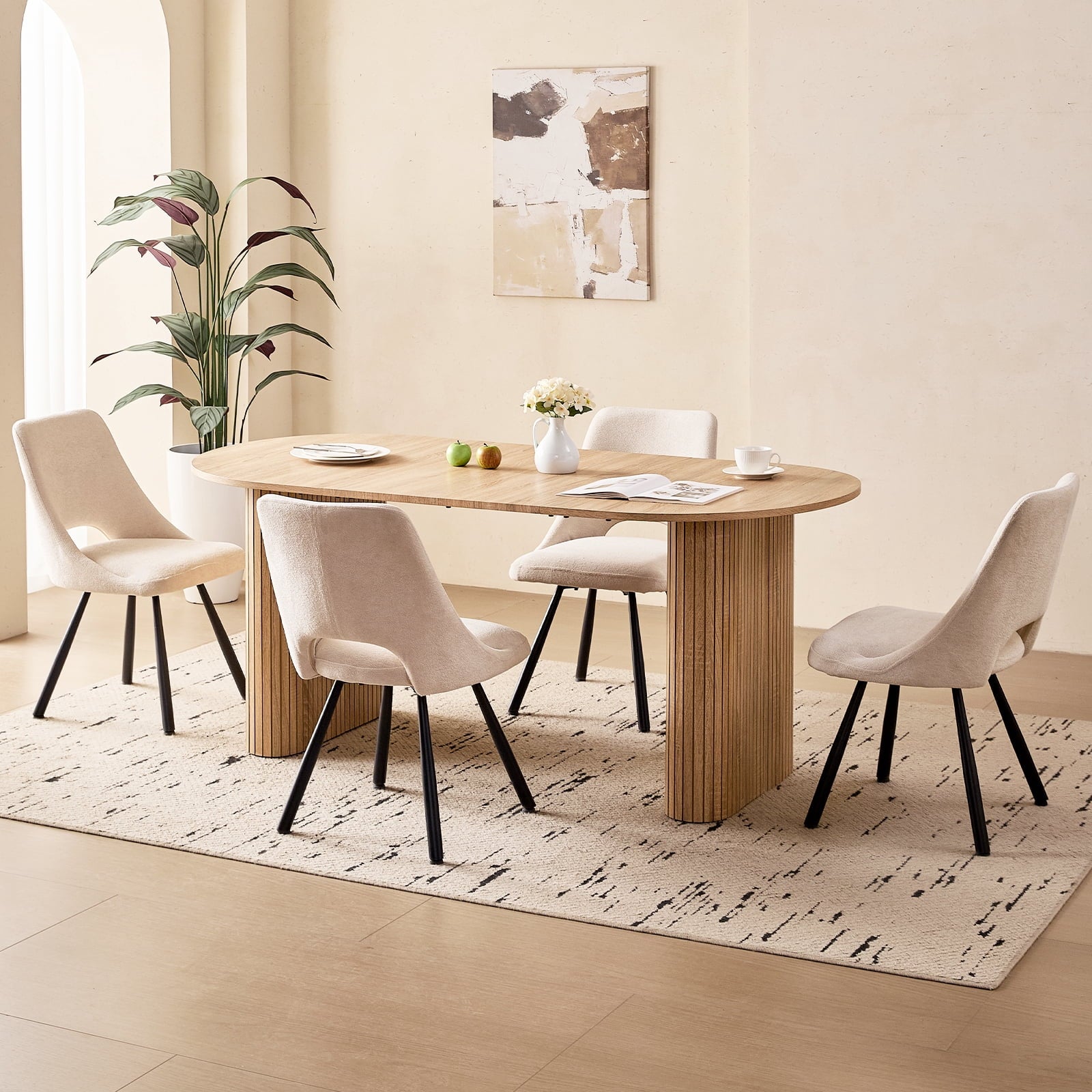 71 Natural Large Dining Table Set for 4 Modern Kitchen Table with Beige Boucle Upholstered Kitchen Chairs Set of 4