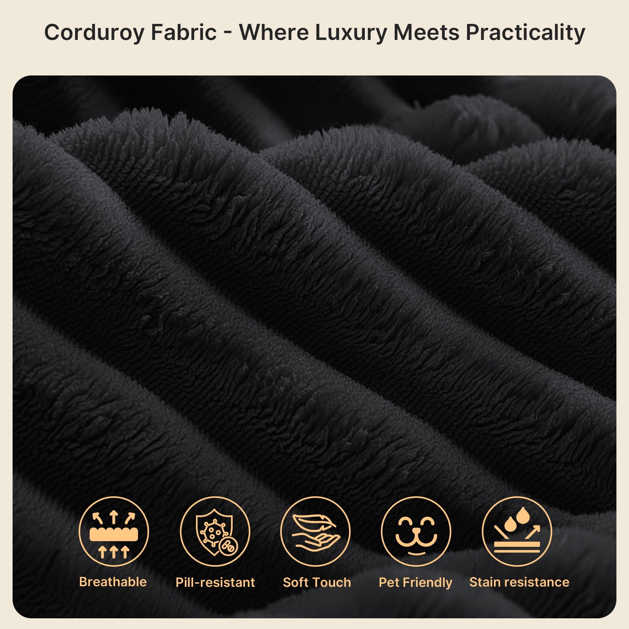 Sofa, Lofka 105 Free Assembly L-Shaped Sectional with Pet Friendly Corduroy Fabric, Black for Living Room/Apartment