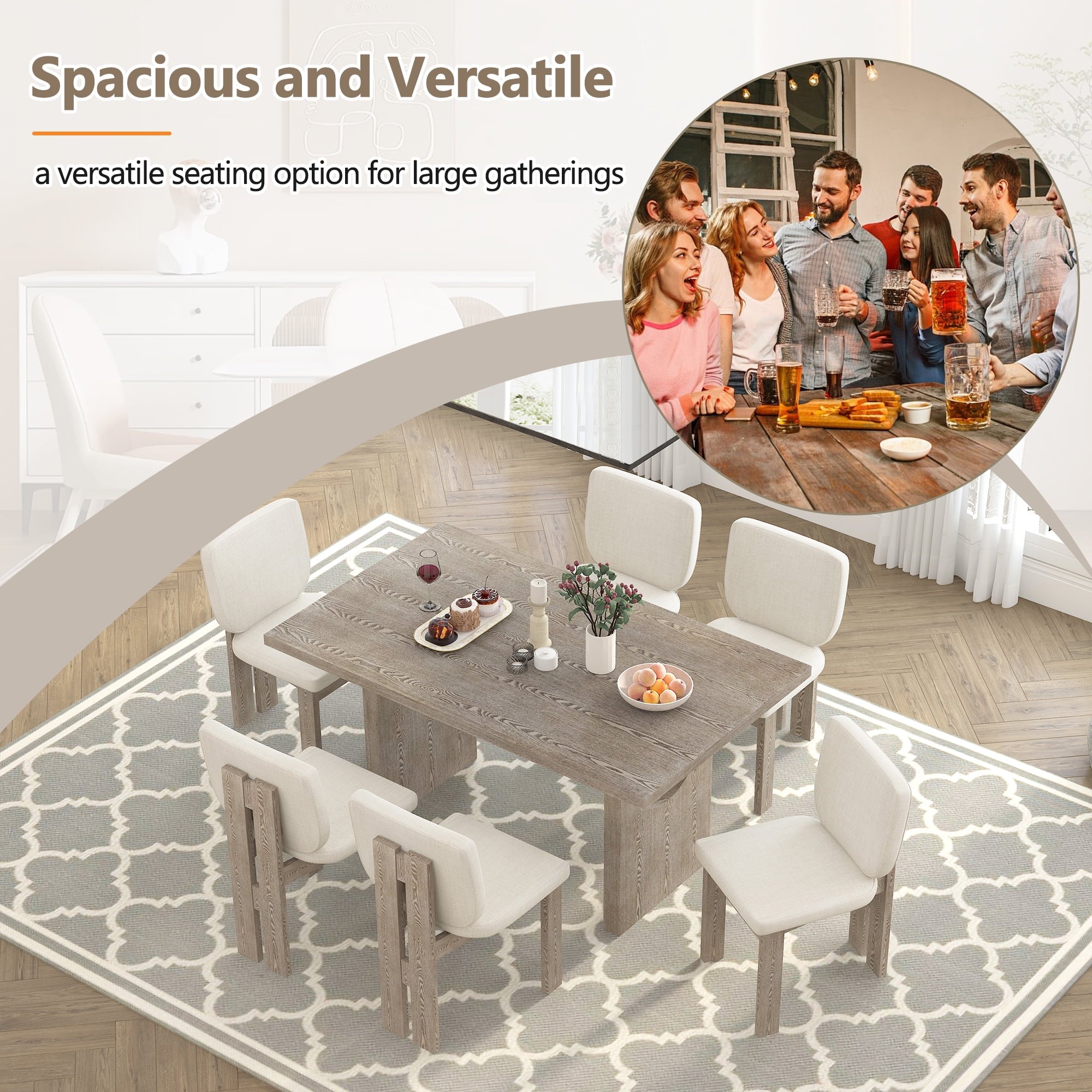 Harper & Bright Designs 7 Pieces Retro Dining Set for 6, Wood Rectangular Table with Designed Trestle Base and 6 Upholstered Chairs for Dining Room and Kitchen, Grey