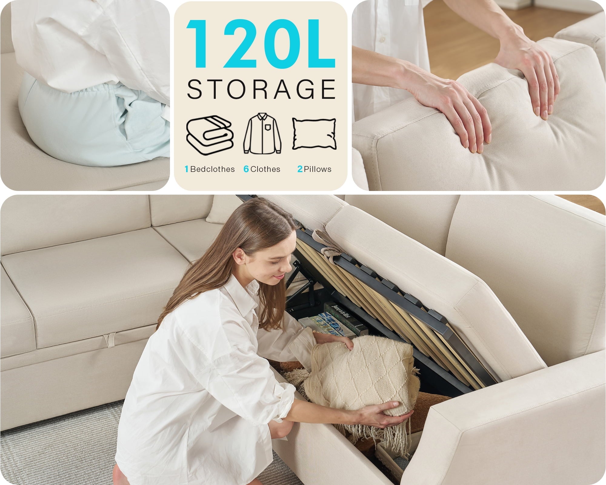 VanAcc 85 Sleeper Sofa Bed, Reversible L-Shape Sectional with Storage