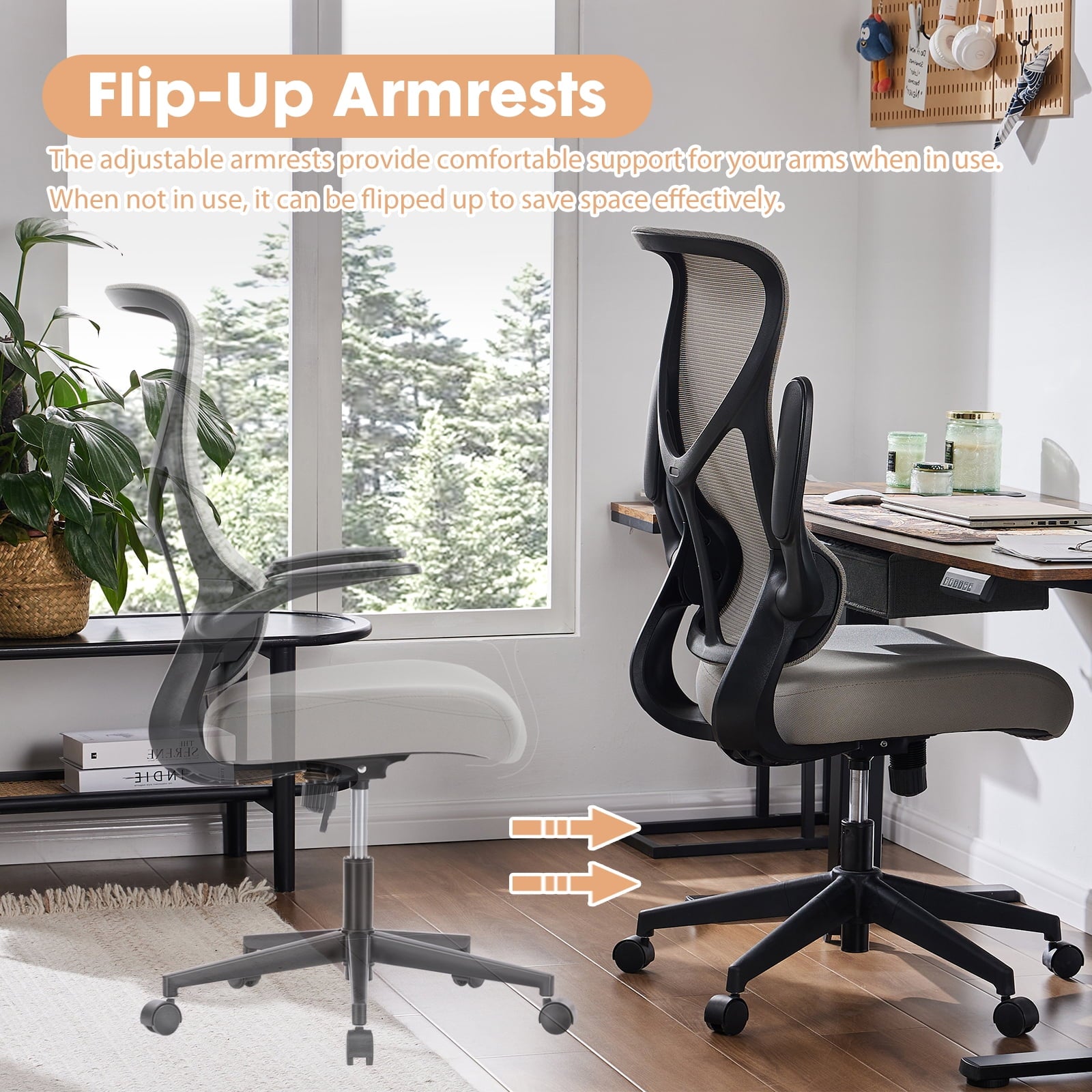 GIANNA Mesh Ergonomic Office Desk Chair, High Back Swivel Computer Chair, With 2D Headrest, Up&Down Lumbar Support, Adjustable Flip-up Armrests, Black