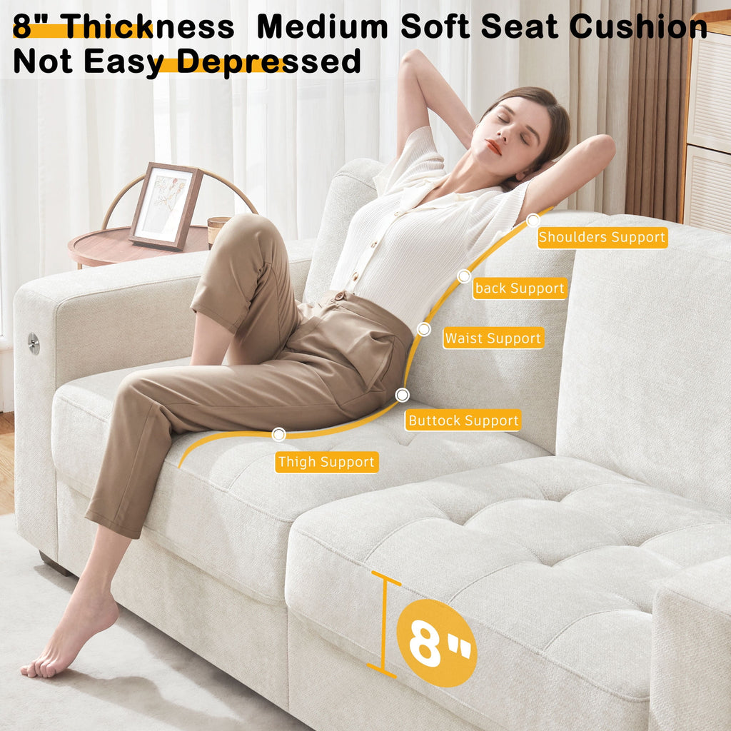 Bedluxury 89 Deep Sofa Couch with USB/Type-C Charging, Storage Pocket & Wide Armrest, Removable Cover, Seats 3 Adults, Chenille Beige