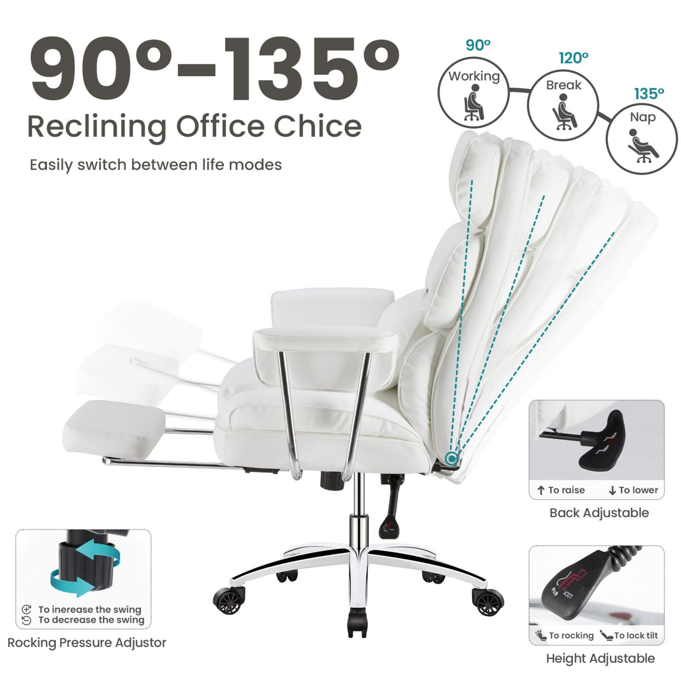 edx Executive Home Office Desk Chair, Ergonomic Big Tall High Back with Footrest & Lumbar Support, Reclining Comfy PU Leather Computer Gaming Chair with Swivel Wheels, Height Adjustable, Black