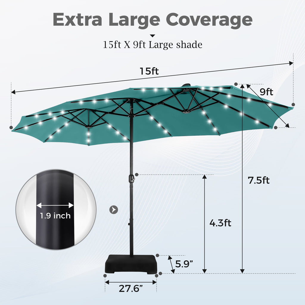 Alpha Joy 15ft Extra Large Outdoor Patio Double-Sided Umbrella with LED Solar Lights & Umbrella Base, Beige