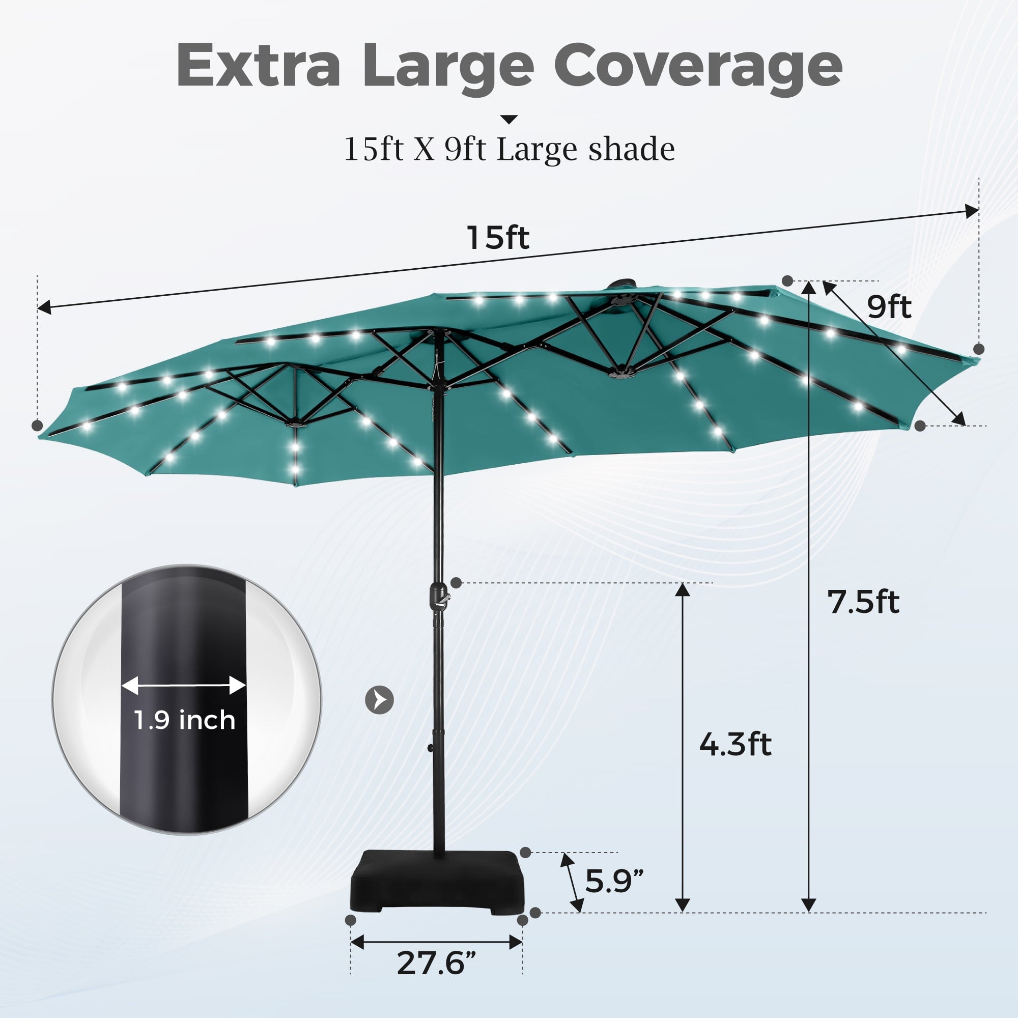 Alpha Joy 15ft Extra Large Outdoor Patio Double-Sided Umbrella with LED Solar Lights & Umbrella Base, Beige