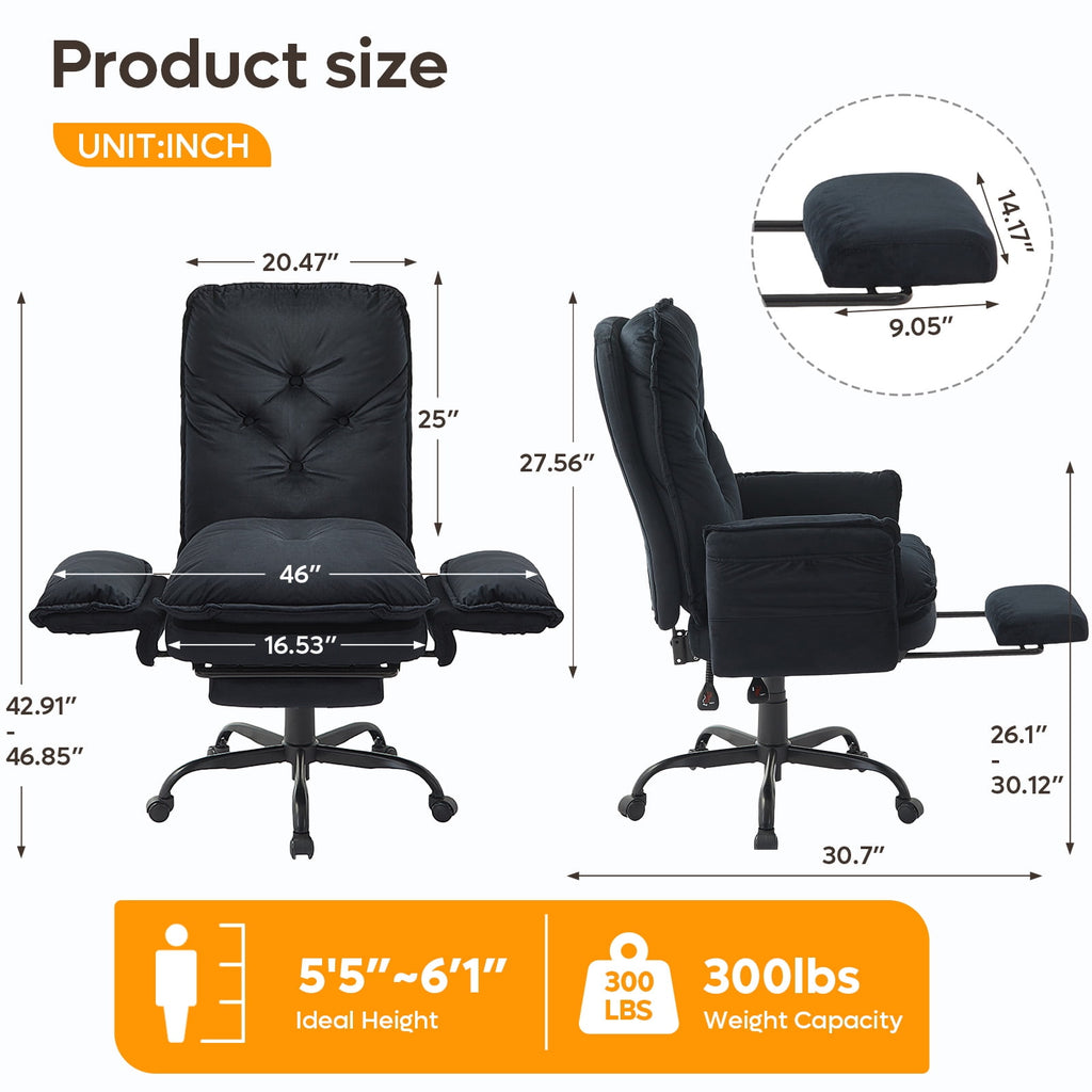 Bestier Big and Tall Executive Office Chair with Flip-up Arms for Adult, Wide Seat Ergonomic Computer Desk Chair,High Back Velvet Comfy Cross-Legged Office Chair with Footrest and Side Pockets, Black