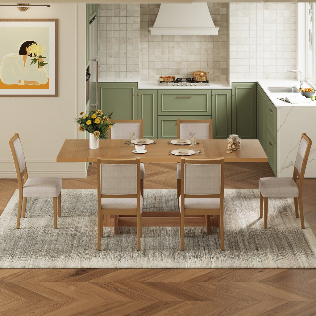 Harper & Bright Designs 7 Pieces Retro Dining Set for 6, Wood Rectangular Table with Designed Trestle Base and 6 Upholstered Chairs for Dining Room and Kitchen, Grey
