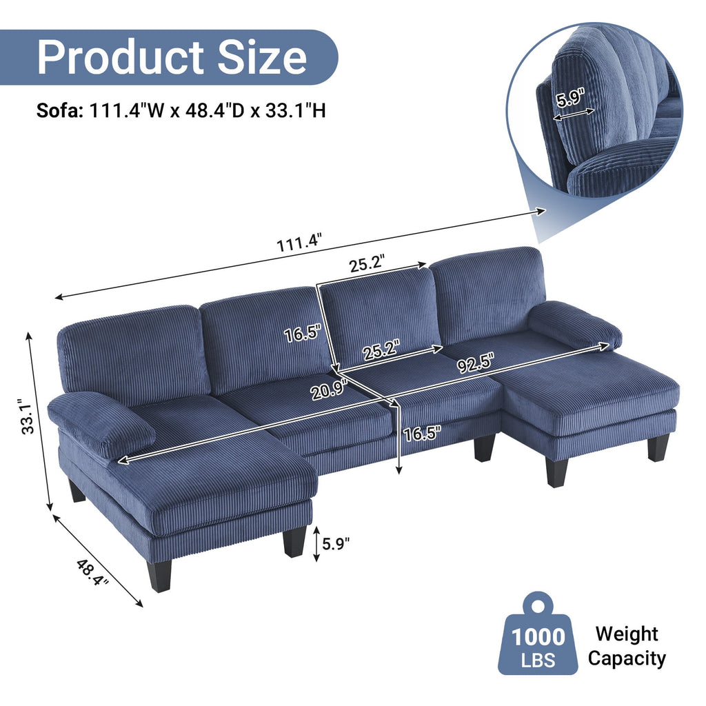 Ktaxon U-Shaped Sectional Sofa, 111  Chenille Couch, 4 Seat Lounge Sleeper with Double Chaise for Living Room Black