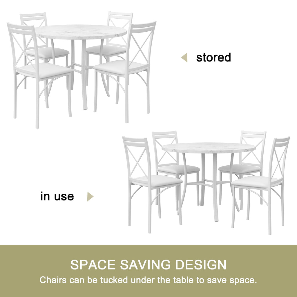 VECELO 5-Piece Dining Table Set, Modern Faux Marble Table and 4 Upholstered Chairs Set for 4, Round Dining Room Table Set for Small Space, Breakfast Nook, Apartment, Black