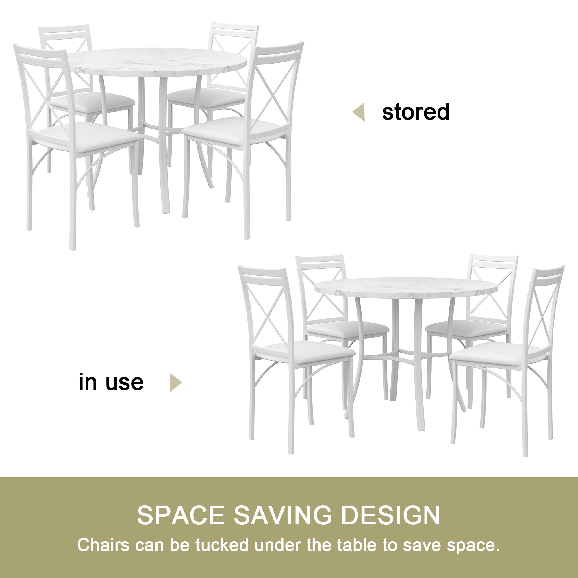 VECELO 5-Piece Dining Table Set, Modern Faux Marble Table and 4 Upholstered Chairs Set for 4, Round Dining Room Table Set for Small Space, Breakfast Nook, Apartment, Black