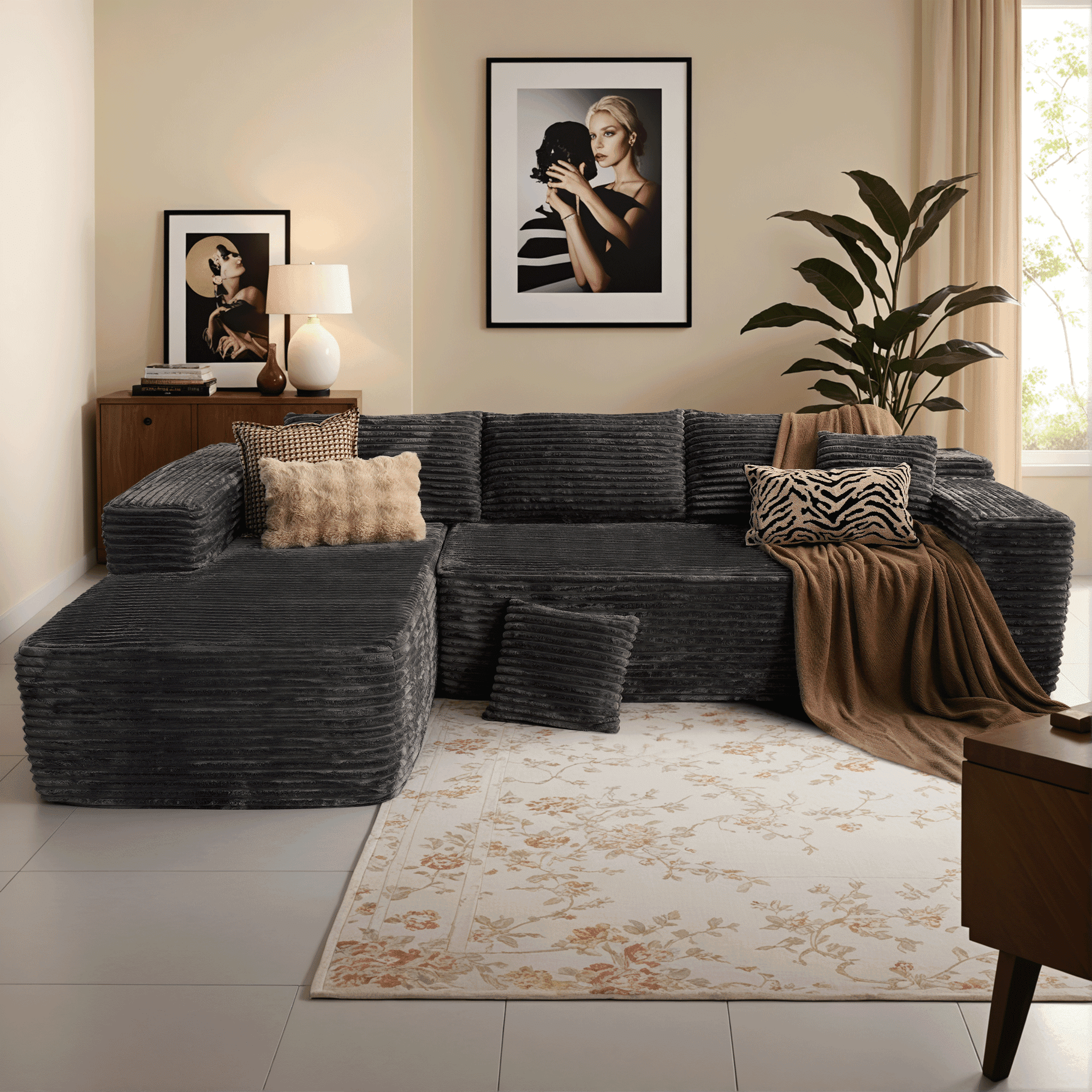 Ovios 106 Cloud Sofa Couch No Assembly Boneless Deep Seat Sofa for Living Room, Black (Corduroy)