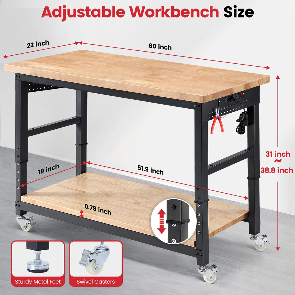 Workbench for Garage,ENJOYWOOD Heavy Duty 48 inch 2 Tier Wood Work Bench with Rolling Wheels and Power Outlets,Rubber Wood Tabletop,2000 LBS Load Bearing Workstation Garage Desk Table Worktable