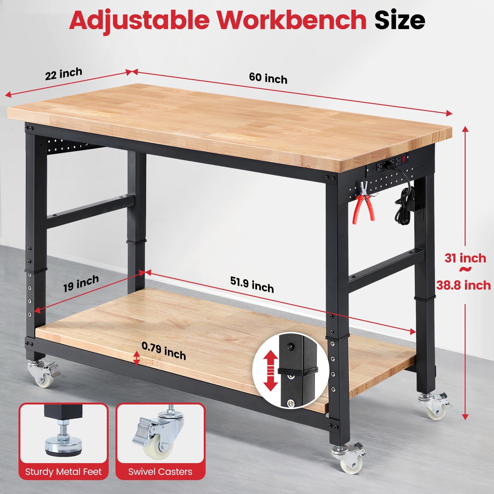 Workbench for Garage,ENJOYWOOD Heavy Duty 48 inch 2 Tier Wood Work Bench with Rolling Wheels and Power Outlets,Rubber Wood Tabletop,2000 LBS Load Bearing Workstation Garage Desk Table Worktable