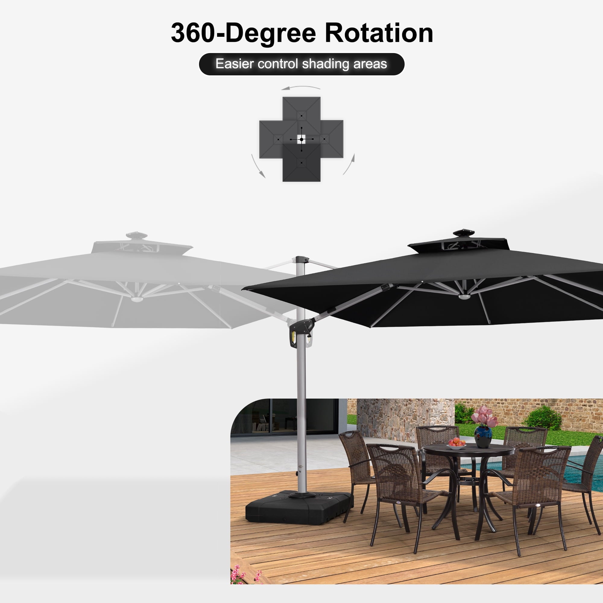 PURPLE LEAF 9 x 12FT Deluxe Rectangle Solar Powered LED Patio Umbrella with Base, Large Offset Cantilever Umbrella with 360° Rotation, Navy Blue