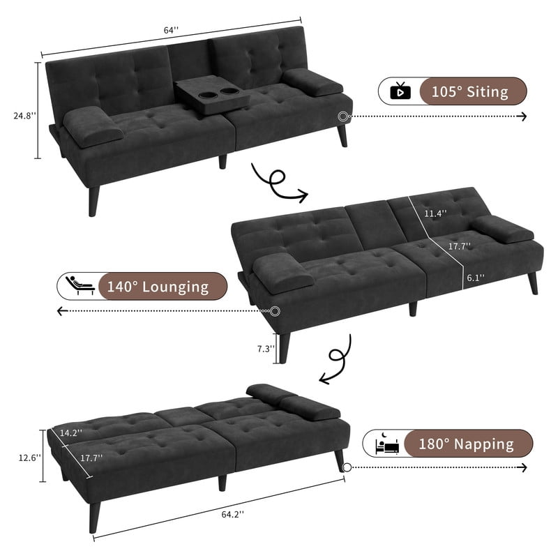 Walsunny Convertible Futon Sofa Bed, Foldable Futon Sleeper Sofa Bed with 2 Cup Holders, Folding Loveseat Recliner with 3-Angle Adjustment Modern Couch for Living Room, Small Space, Pink