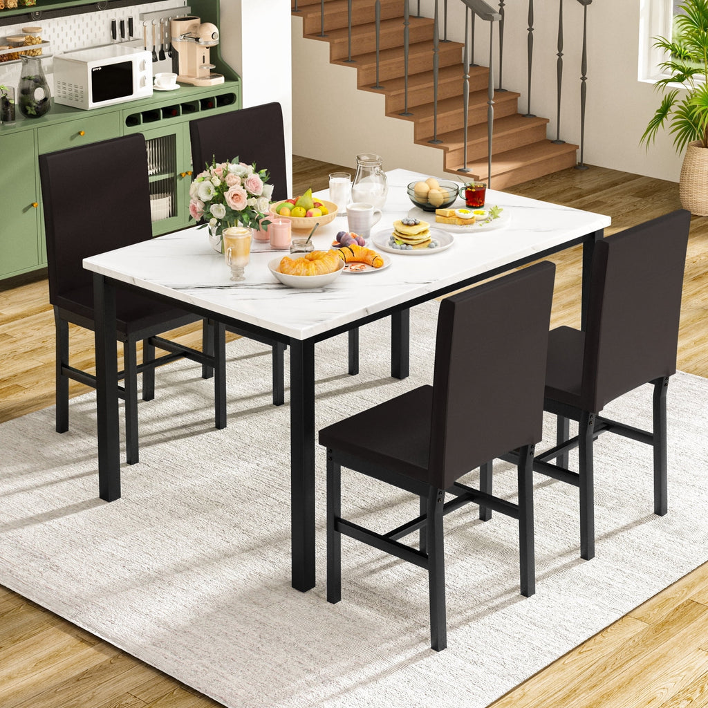 AWQM 5 Piece Dining Table Set, Faux Marble Kitchen Table and Chairs for 4, Dining Room Table Set with 4 PU Leather Chairs, White