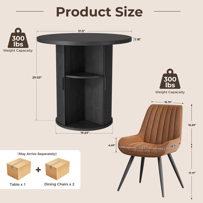 Hawsaiy 3-Piece Dining Table Set for 2, 31.5 Round Dining Table Set with 2 Upholstered Dining Chairs, Modern Farmhouse Table Set for Dining Room (Black+Black)