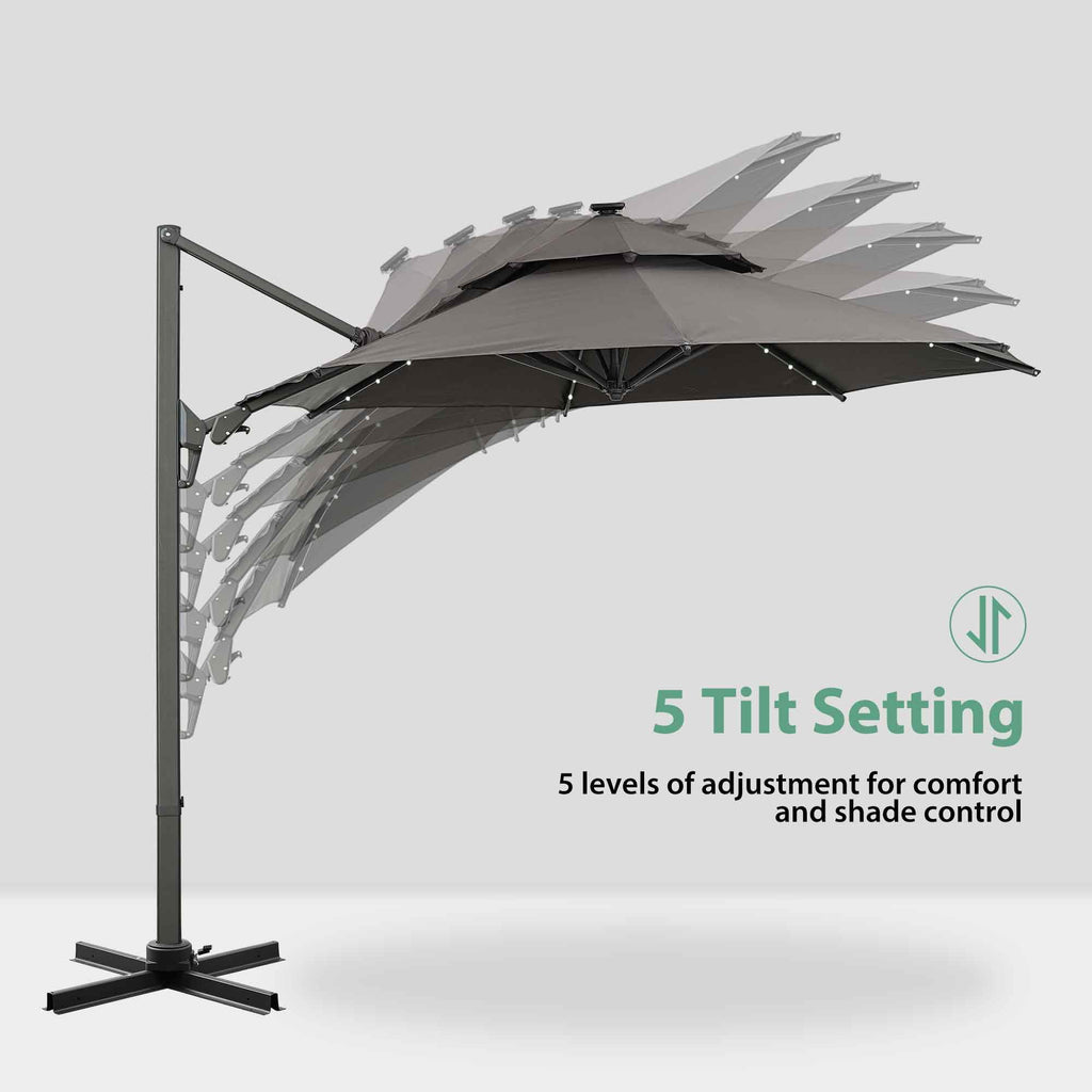 Ainfox 10ft Double Top Heavy-Duty Patio Cantilever Umbrella with lights and Cross Base, Outdoor Large Offset Hanging Aluminum Rotation Sun Shade Solar Umbrella with 360°Rotation Adjustable,Khaki