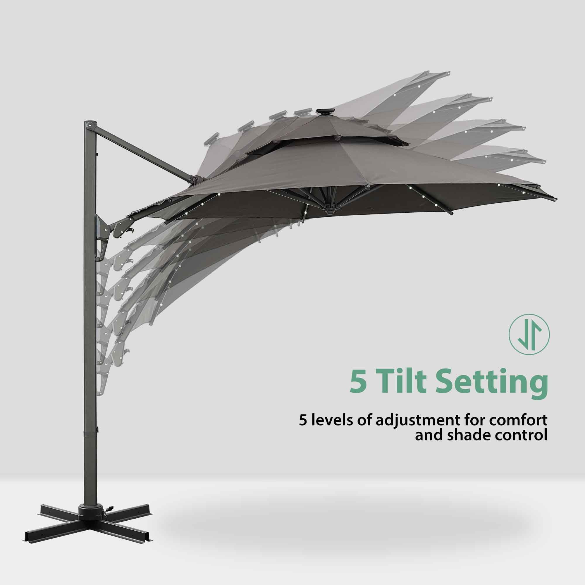 Ainfox 10ft Double Top Heavy-Duty Patio Cantilever Umbrella with lights and Cross Base, Outdoor Large Offset Hanging Aluminum Rotation Sun Shade Solar Umbrella with 360°Rotation Adjustable,Khaki