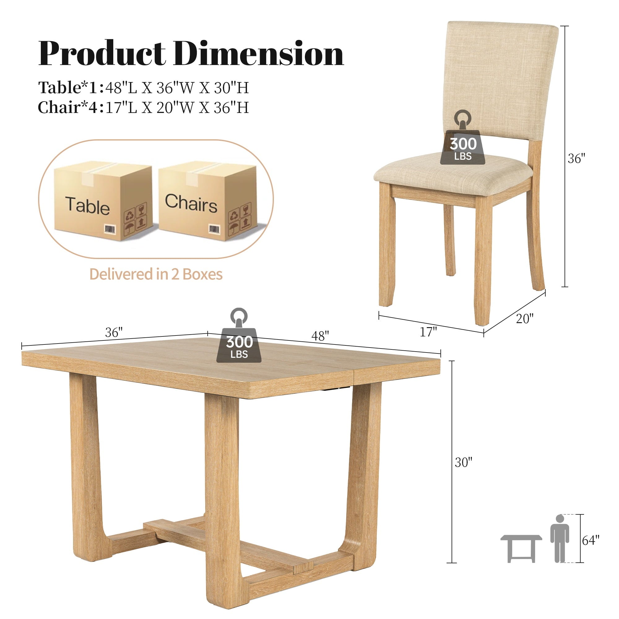 Leovanni Modern 48 5-Piece Solid Wood Dining Table Set with 4 Upholstered Chairs, Rectangular Kitchen & Dining Room Set, Natural