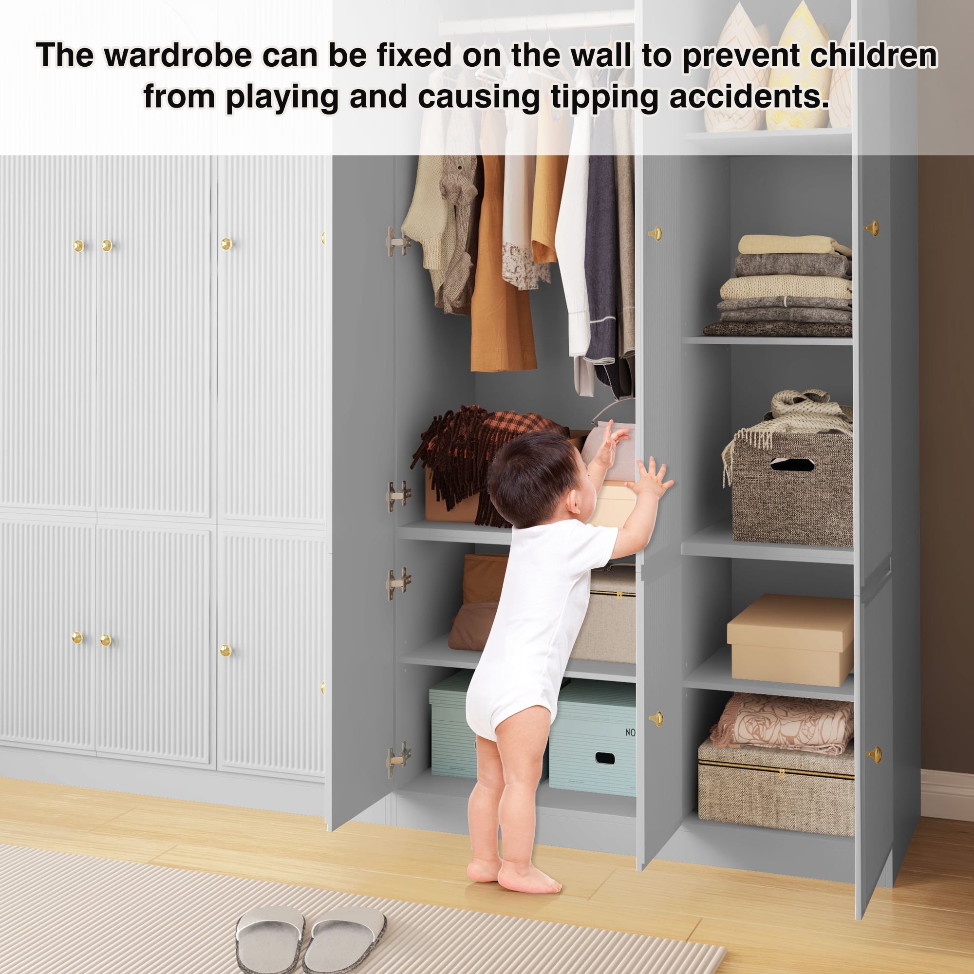 Wirrytor Freestanding Wooden Armoire Wardrobe with 2 Woven Doors and Storage Drawers, Space-Saving Closet Cabinet for Bedroom, Sturdy Mdf Board Closet with Hanging Rail