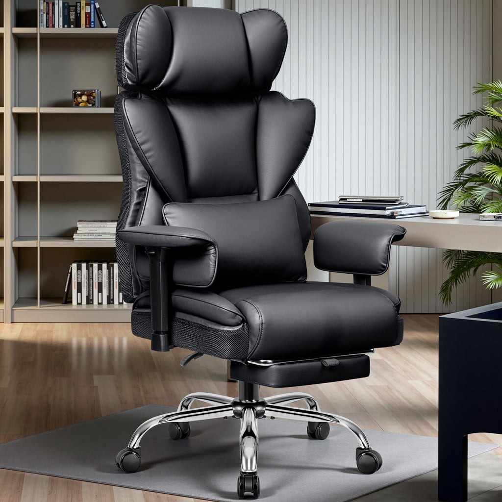 COOLHUT Big and Tall PU Leather Office Chair with Adjustable Headrest & Footrest, Executive Computer Desk Chair with 3D Adjustable Padded Armrest, Ergonomic Office Chair with Lumbar Support, Black