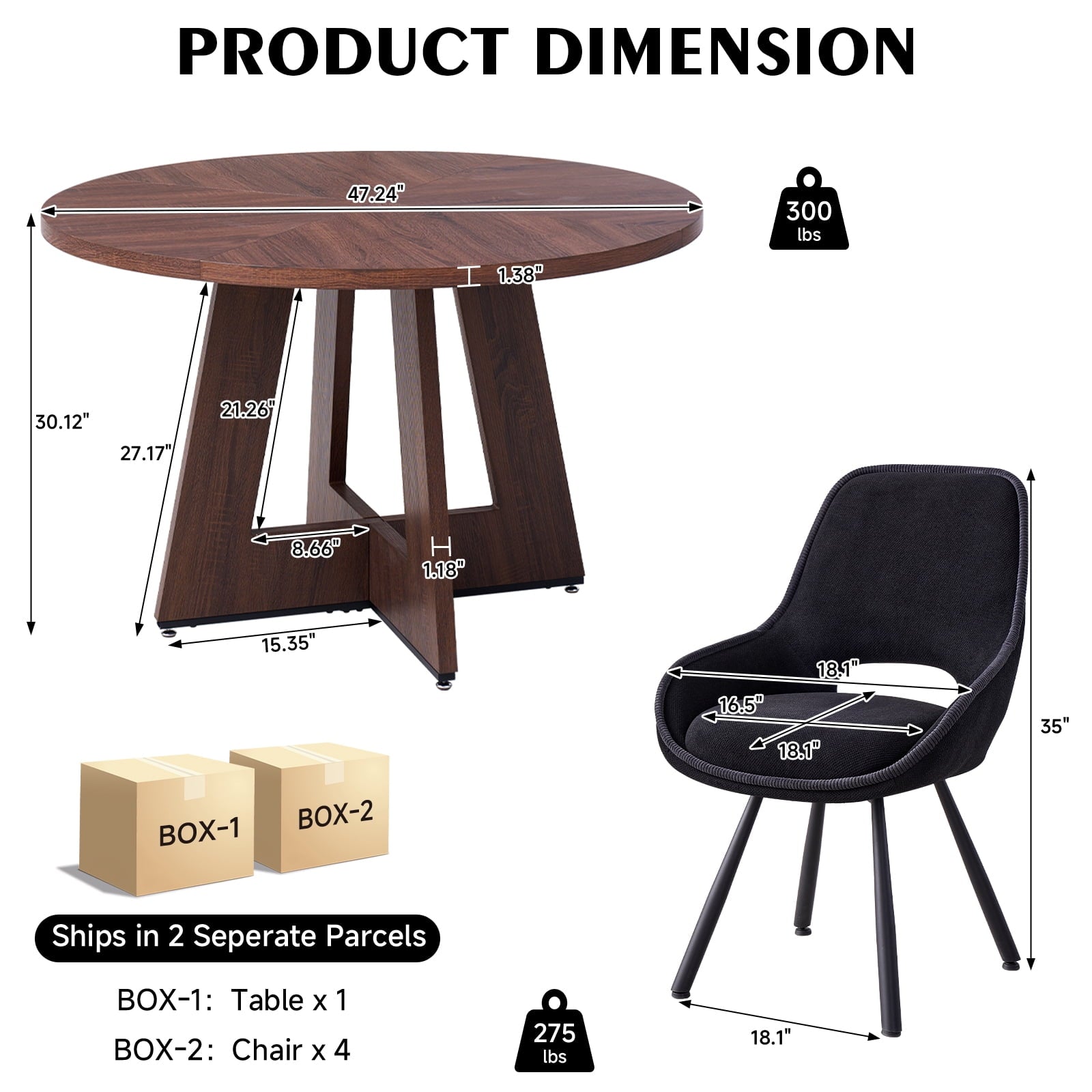 5 Piece 47'' Round Dining Table Chairs Set for 4, Farmhouse Oak Kitchen Table with 4 Boucle Mid Century Modern Dinning Room Chairs, Wood Dinner Table &Upholstered Chair Set of 4, Beige