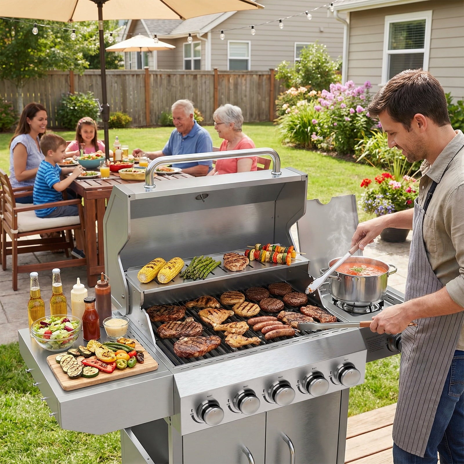 SIXDAY 68,000 BTU 5-Burner Propane Gas Grill with Side Burner, 647 sq.in Cooking Area, Stainless Steel BBQ Grill with Warming Rack and Food Clip