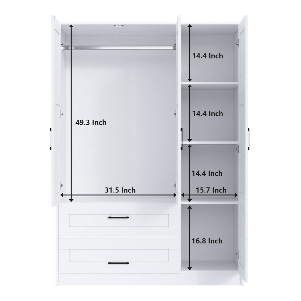 3 Doors Wooden Wardrobe Closet Armoire, White Storage Cabinet for Hanging Clothes, Bedroom Large Capacity Freestanding Armoire,Wood Wardrobe Combination with Shelves
