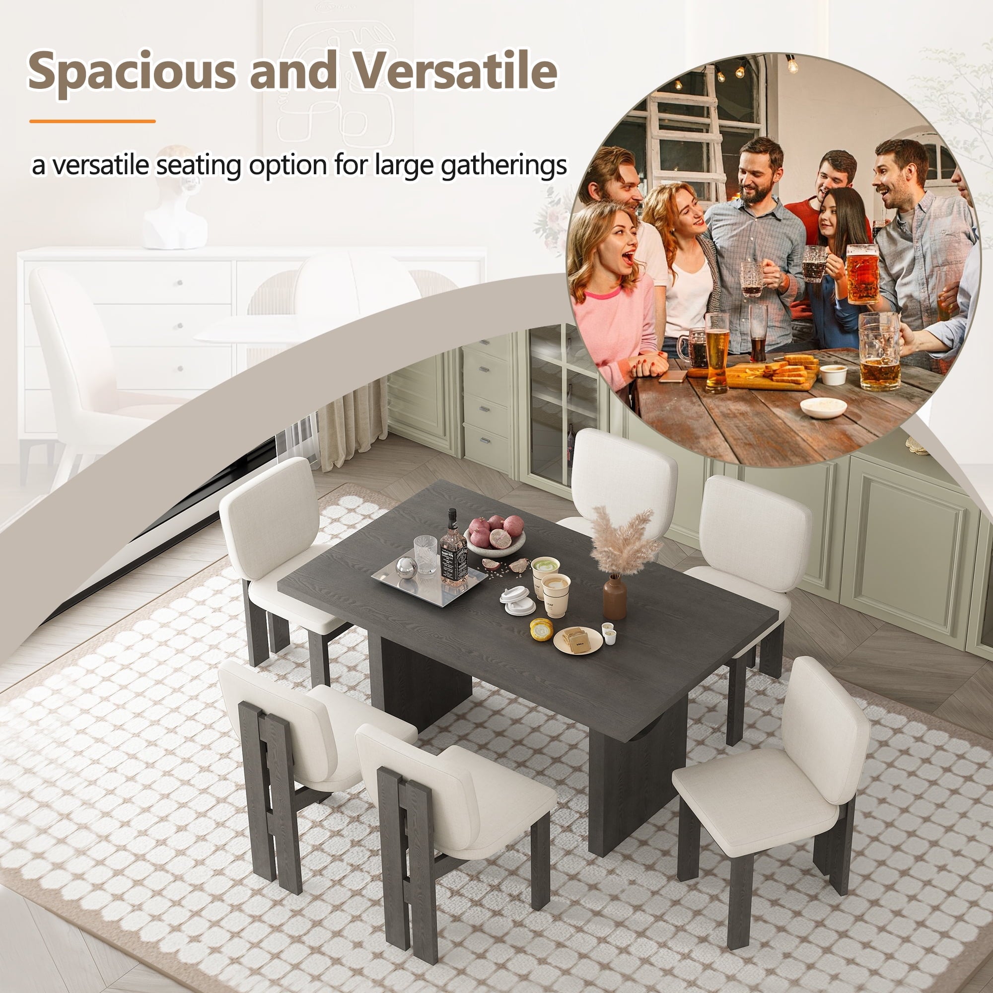 Harper & Bright Designs 7 Pieces Retro Dining Set for 6, Wood Rectangular Table with Designed Trestle Base and 6 Upholstered Chairs for Dining Room and Kitchen, Grey