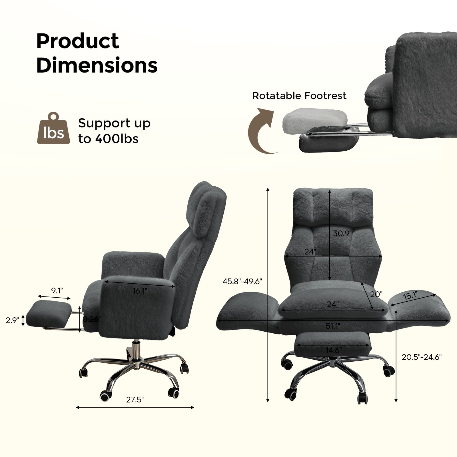 Patbrela Big and Tall Office Chair, Cloud Plush Swivel Desk Chair with 6-Level Adjustable Armrests, Home Ergonomic Executive Office Chair for Work, Gaming, Beige
