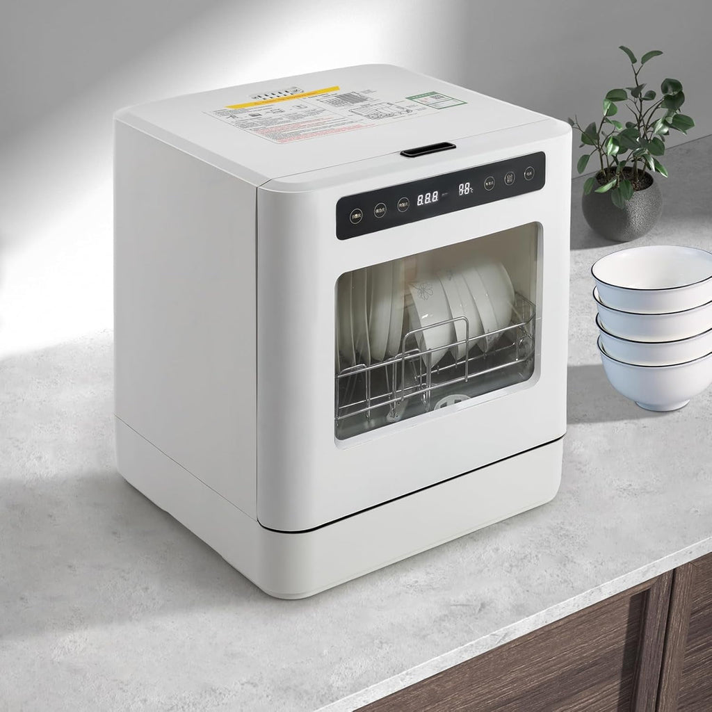 FOGGBET Countertop Dishwasher 800W White Compact Dishwashers with 4 Washing Programs, 360-Degree Spraying Wash Kitchen Mini Dishwasher with Air-Dry Function White