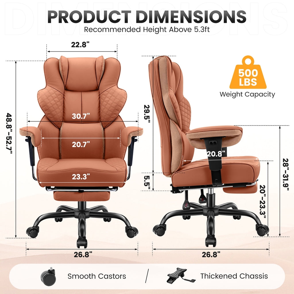 COOLHUT Big and Tall Office Chair 500lbs, Heavy Duty Ergonomic Office Desk Chair with Deluxe Embossing PU Leather with Footrest, Executive Gaming Chair with Lumbar Support, Brown