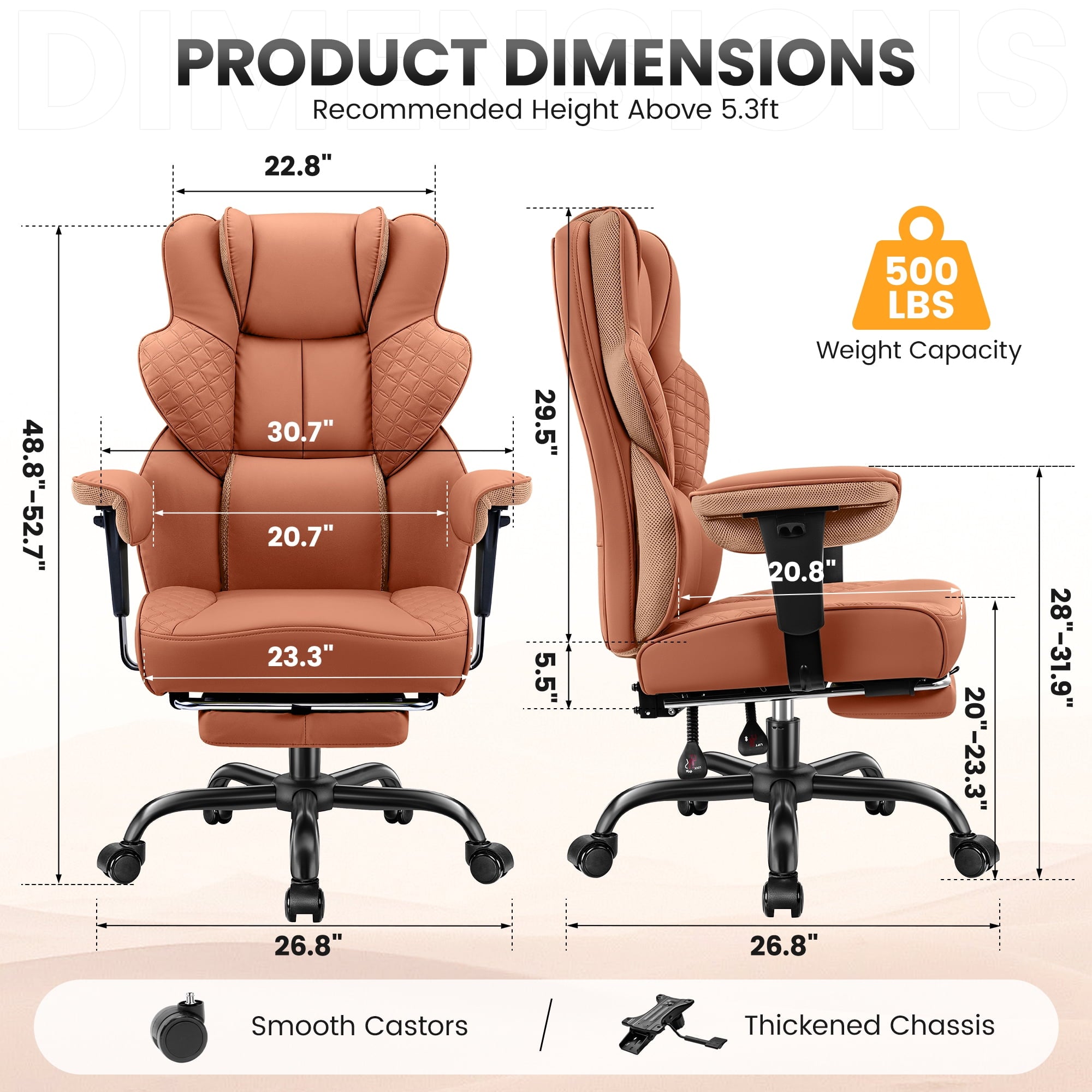 COOLHUT Big and Tall Office Chair 500lbs, Heavy Duty Ergonomic Office Desk Chair with Deluxe Embossing PU Leather with Footrest, Executive Gaming Chair with Lumbar Support, Brown