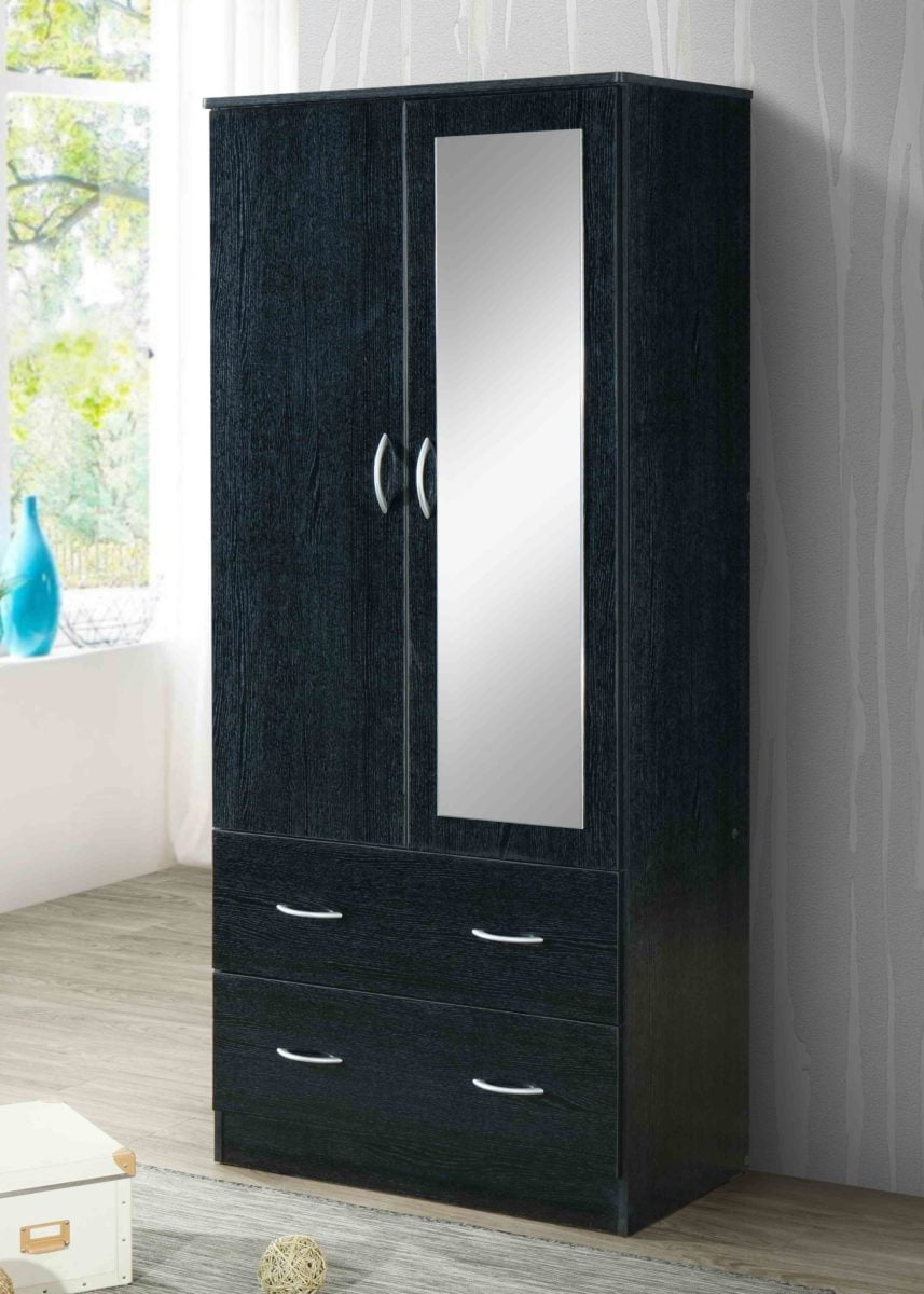 Hodedah Two Door Wardrobe with Two Drawers and Hanging Rod plus Mirror, Black