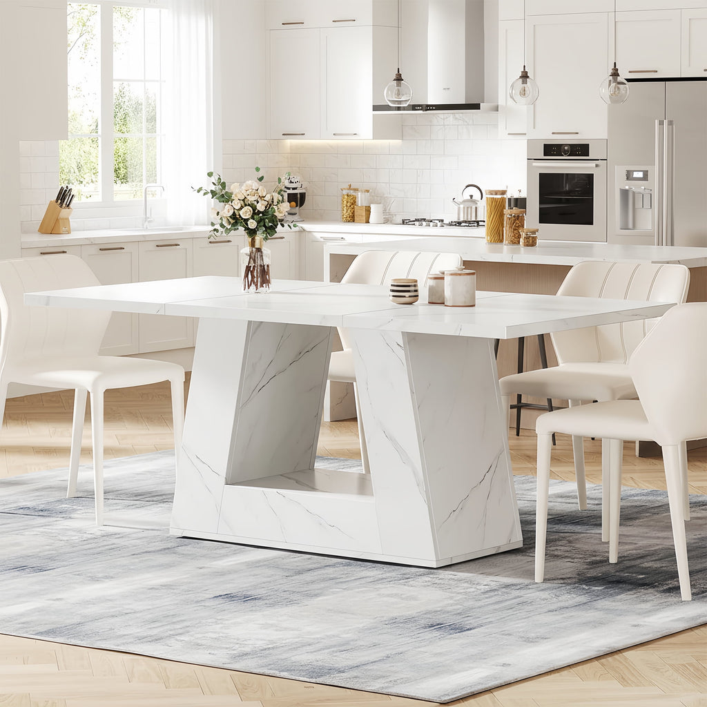 Modern Faux Marble Dining Table, 63 Rectangular 4-6 Seater Wood Table with Sturdy Base, Kitchen Living Room Dinner Table