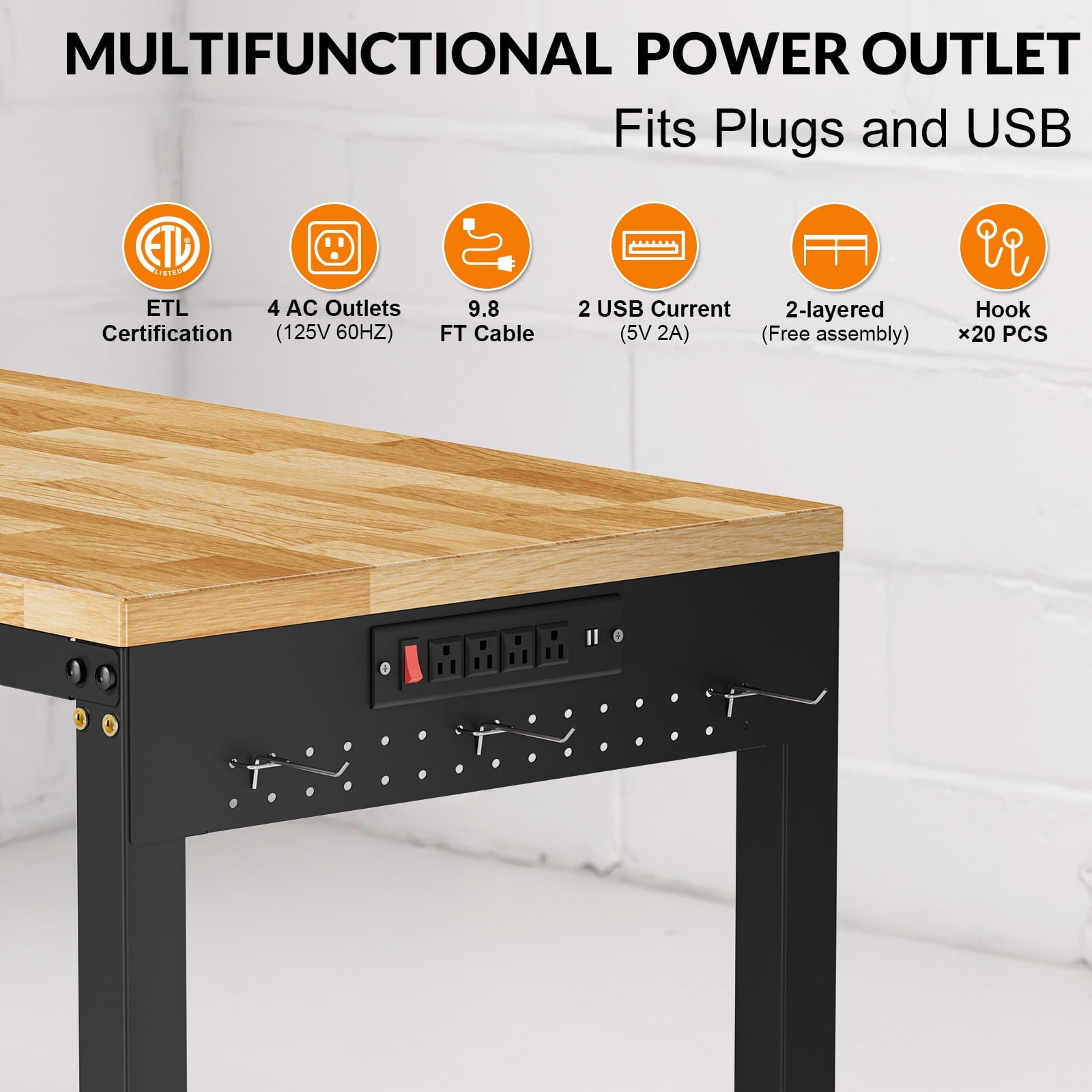 MUWOOD 96-inch Adjustable Height Workbench with Adjustable Height, Wood Worktop, 5000 LBS Load Capacity for Garage, Workshop