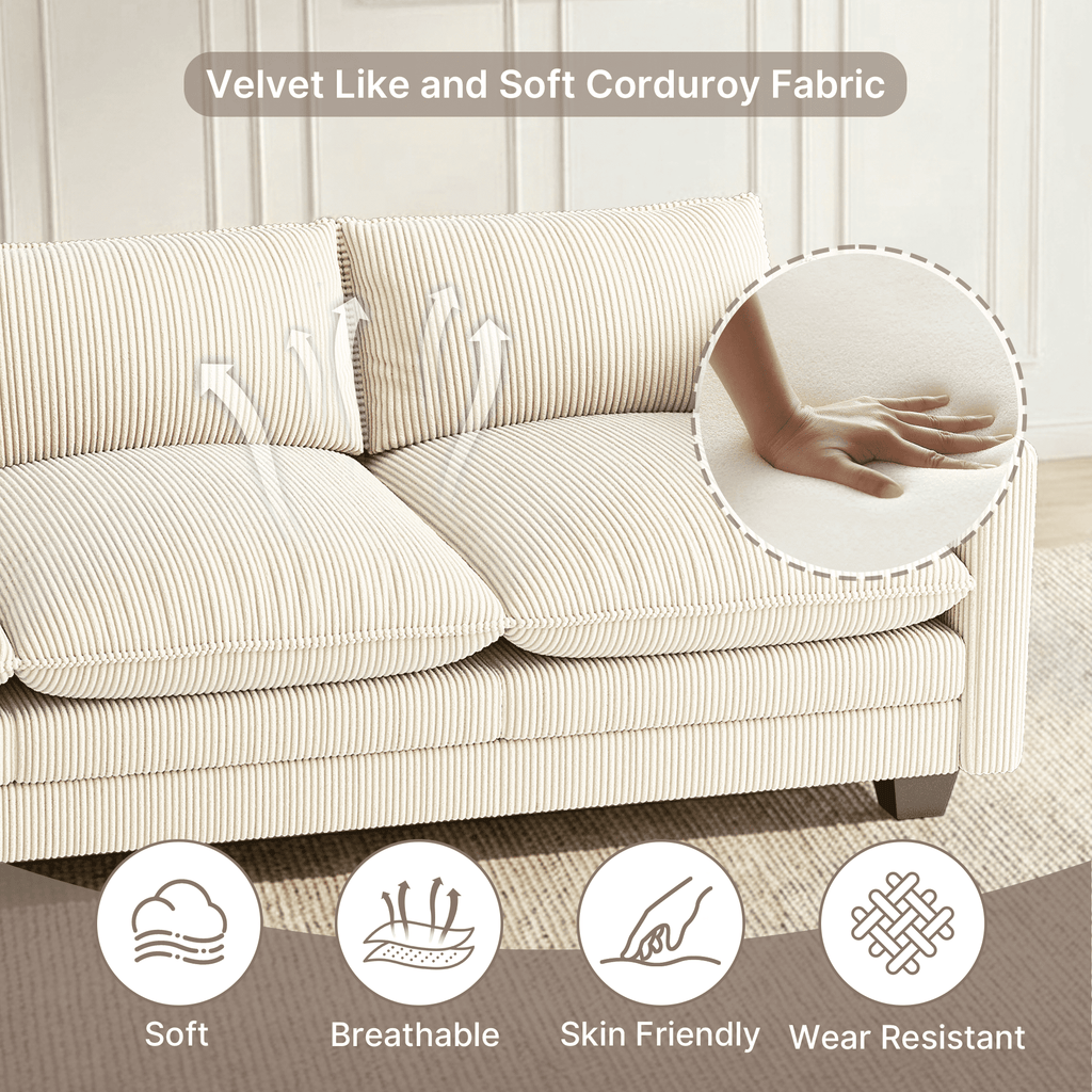 110 Cloud Couches for Living Room, Noelse 3 Seater Cloud Sofa with Double Layer Cushion and Deep Seat, Cream Couch with Washable Cover, Corduroy Fabric, Beige