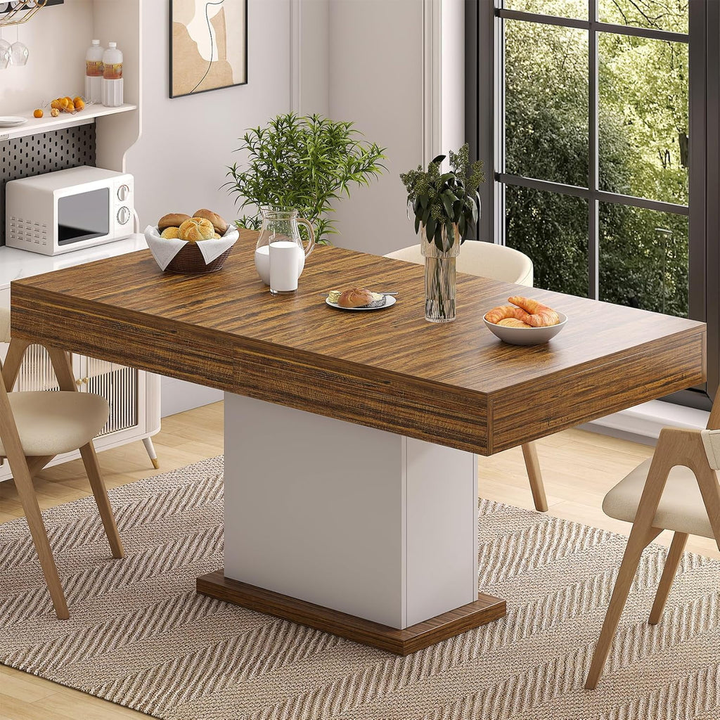 HAUXITIO 55 Inch Dining Table with LED Lights & 2 Drawers,Wooden Pedestal Base Table for 4-6 People,for Kitchen & Dining Room,White& Rustic Brown