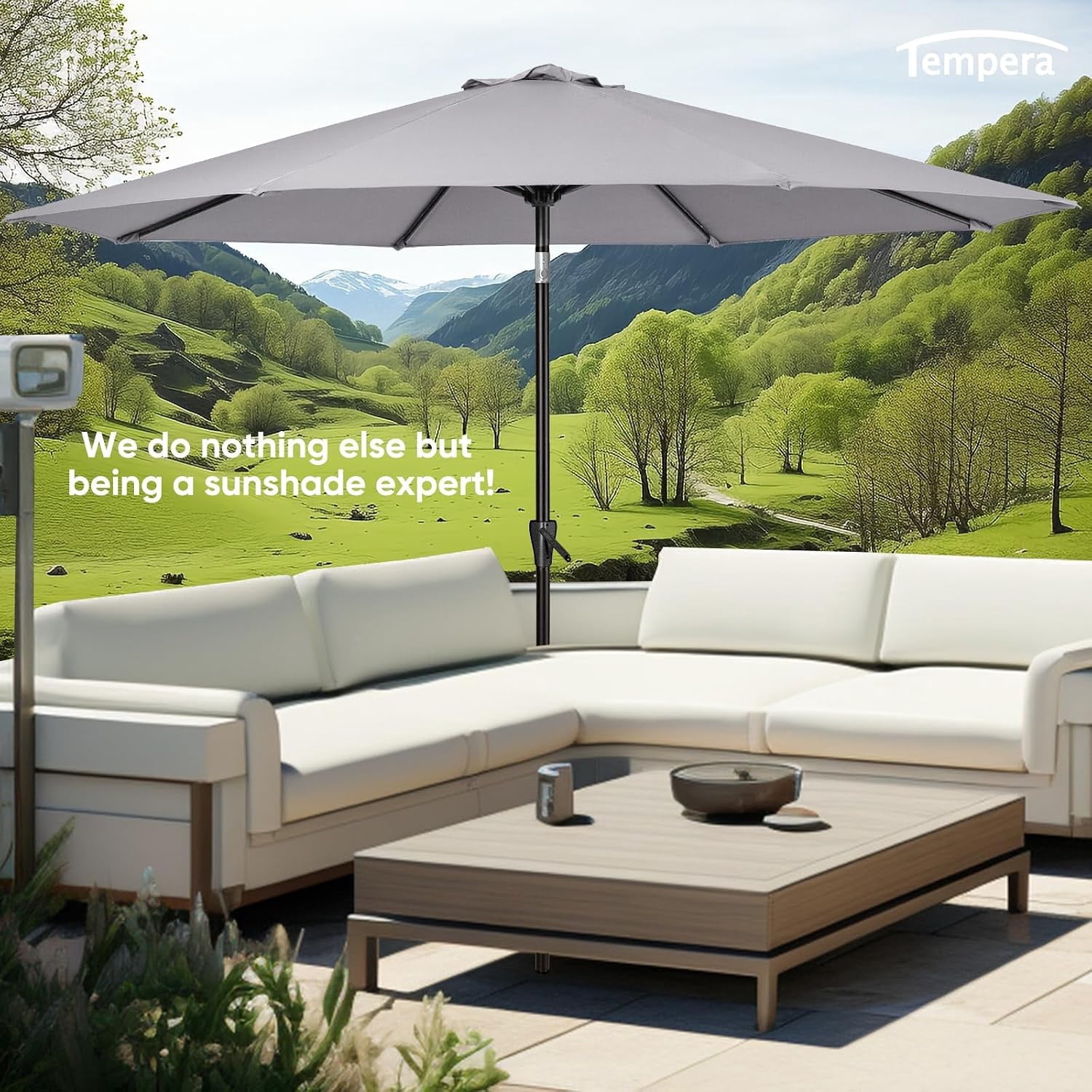 Outdoor Market Table Umbrella with Push Button Tilt and Crank, Large Sun Umbrella with Sturdy Pole and Fade Resistant Canopy