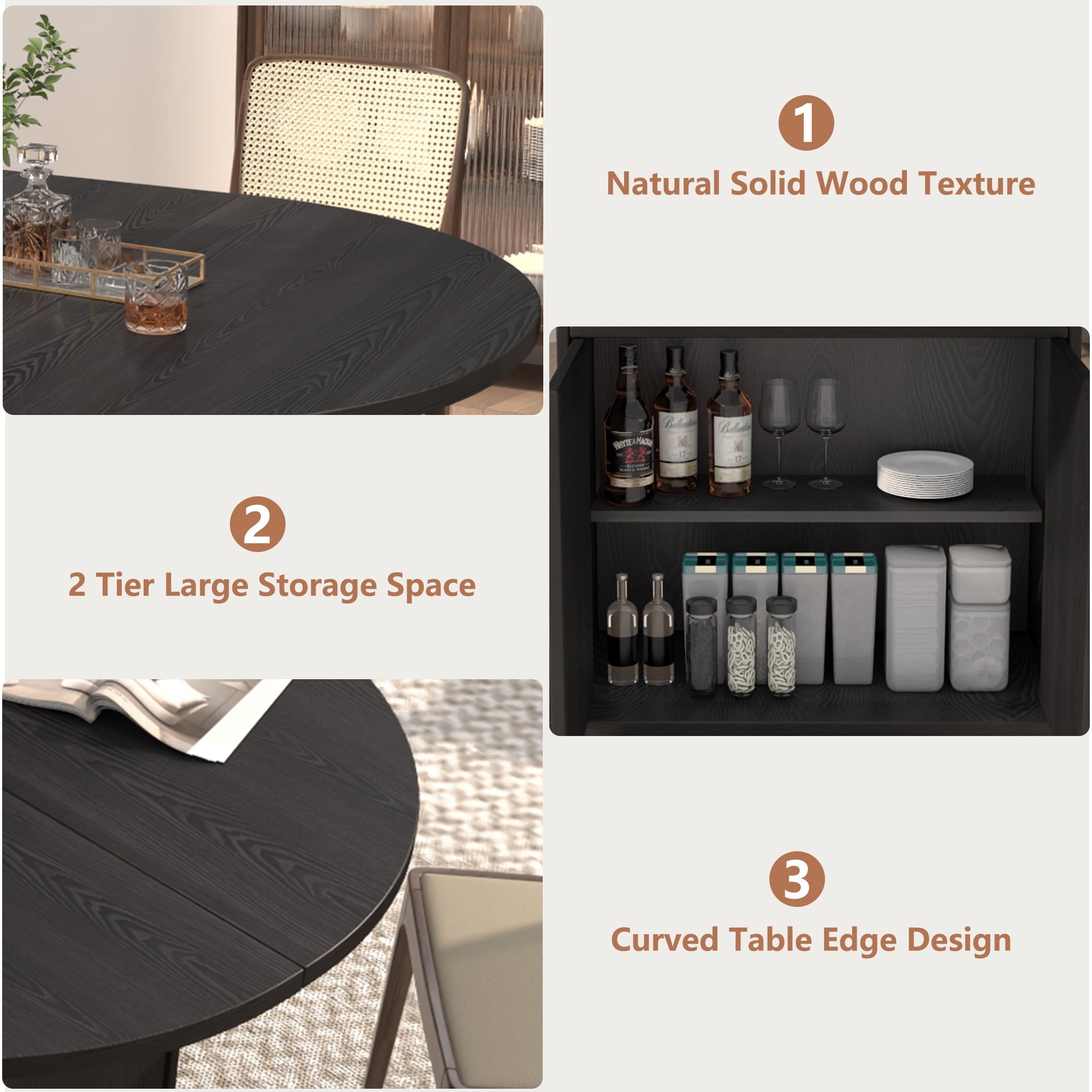WARAYZ 43.3–59in Extendable Dining Table, Wood Expandable Design with Hidden Storage, Rectangular Space-Saving Dark Brown