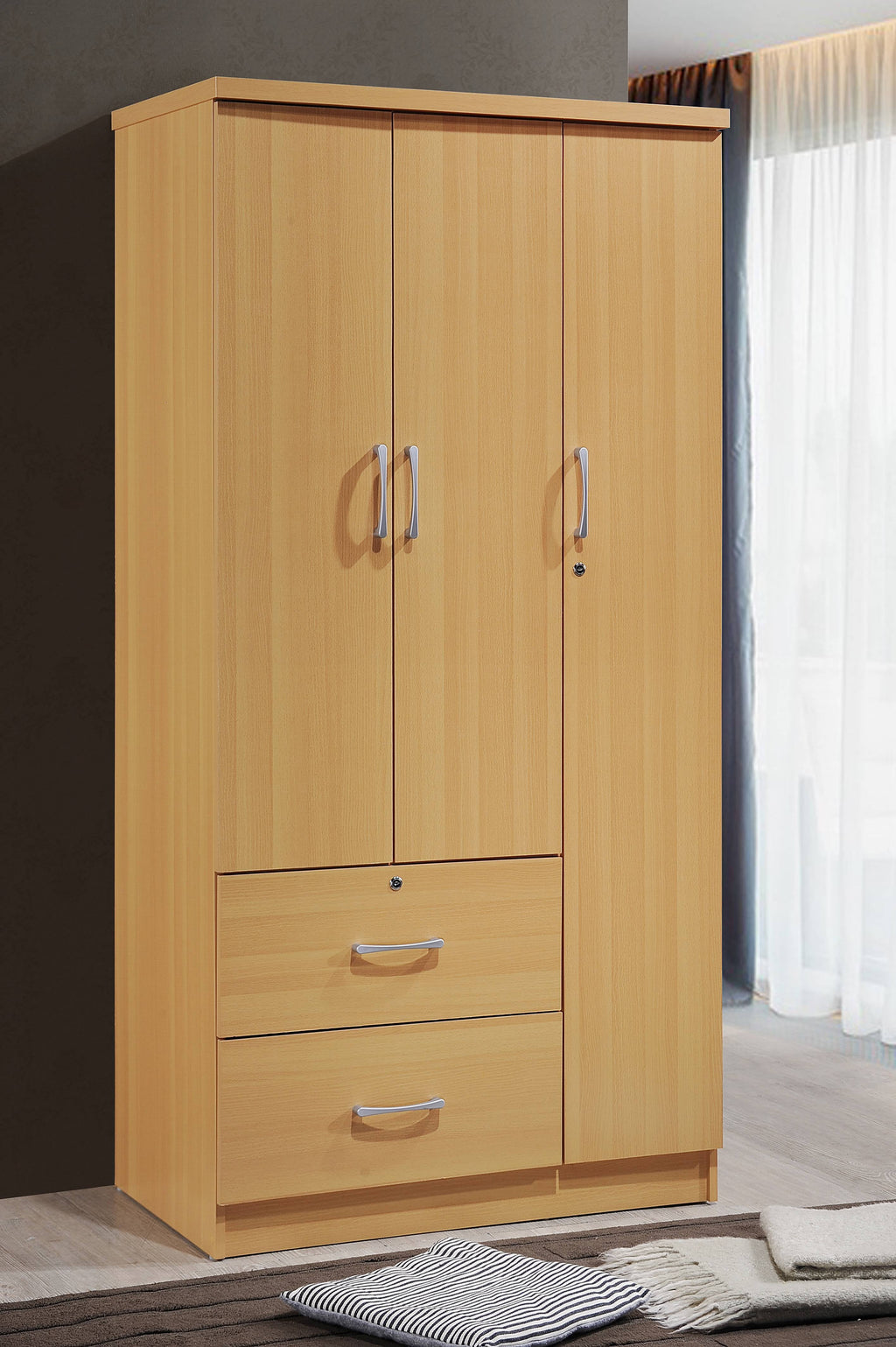 Hodedah 3 Door Bedroom Armoire with Drawers, White Finish